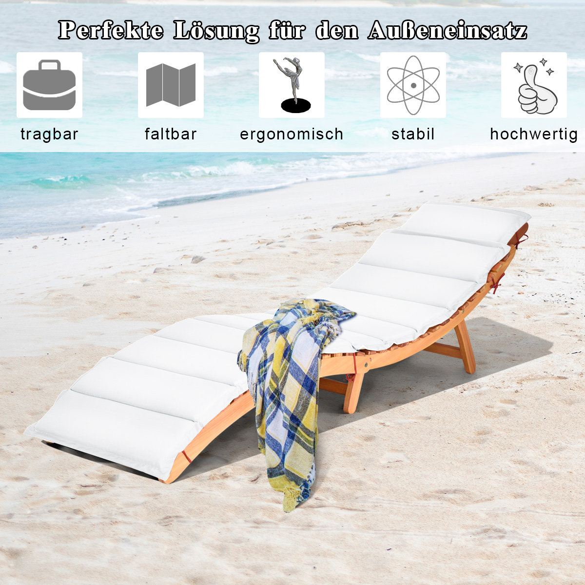 Ein Strandstuhl mit Decke an einem Sandstrand. Text oben: 'Perfekte Lösung für den Außeneinsatz'.
