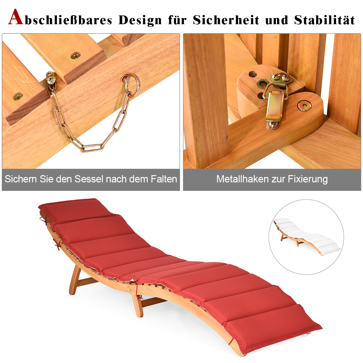 Sonnenliege aus Holz mit rotem Kissen. Details des Verriegelungsmechanismus und der Holzstruktur. Weißer Hintergrund.