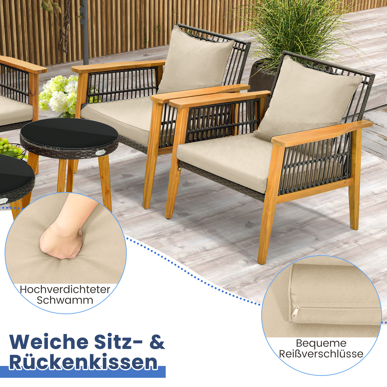 Gartenmöbelset mit beigefarbenen Kissen.