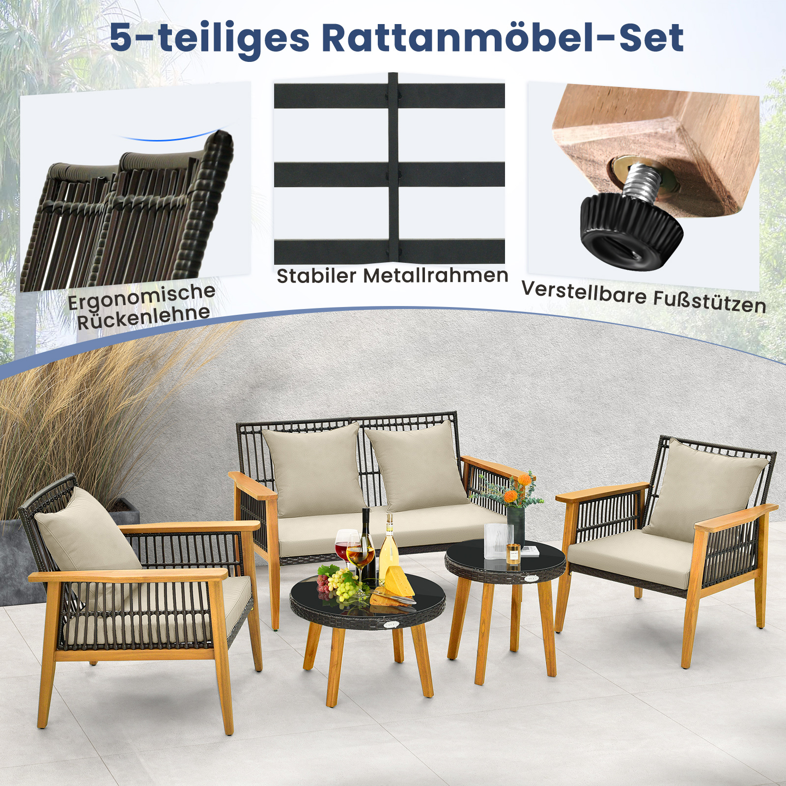 Outdoor-Rattanmöbel-Set mit Sofas und Stühlen. Text über Merkmale.