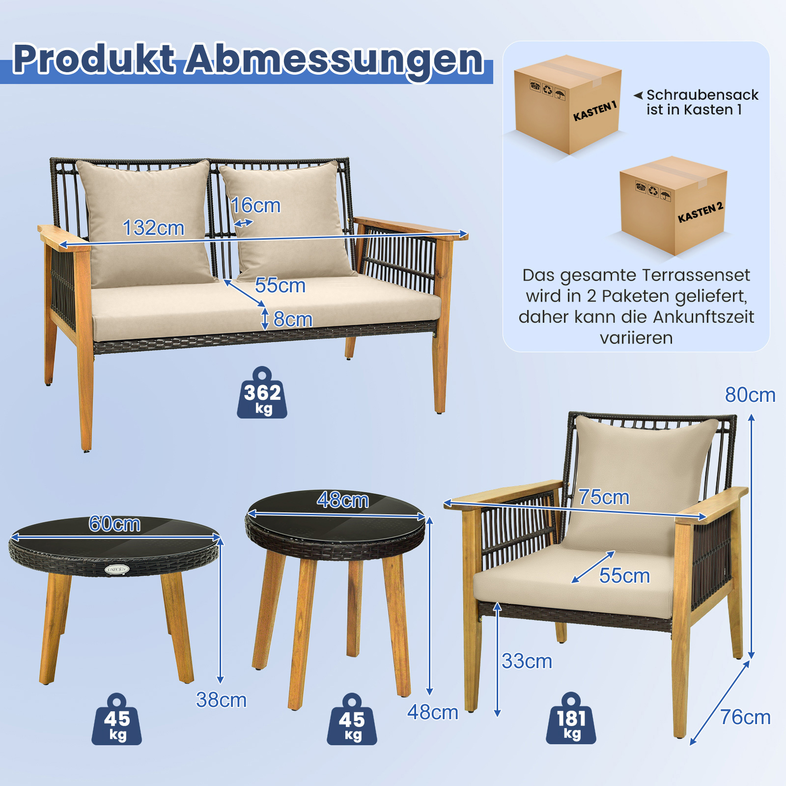 Ein Set von Gartenmöbeln. Es umfasst ein Zweiersofa, einen Stuhl und zwei Tische mit Abmessungen und Gewichten.
