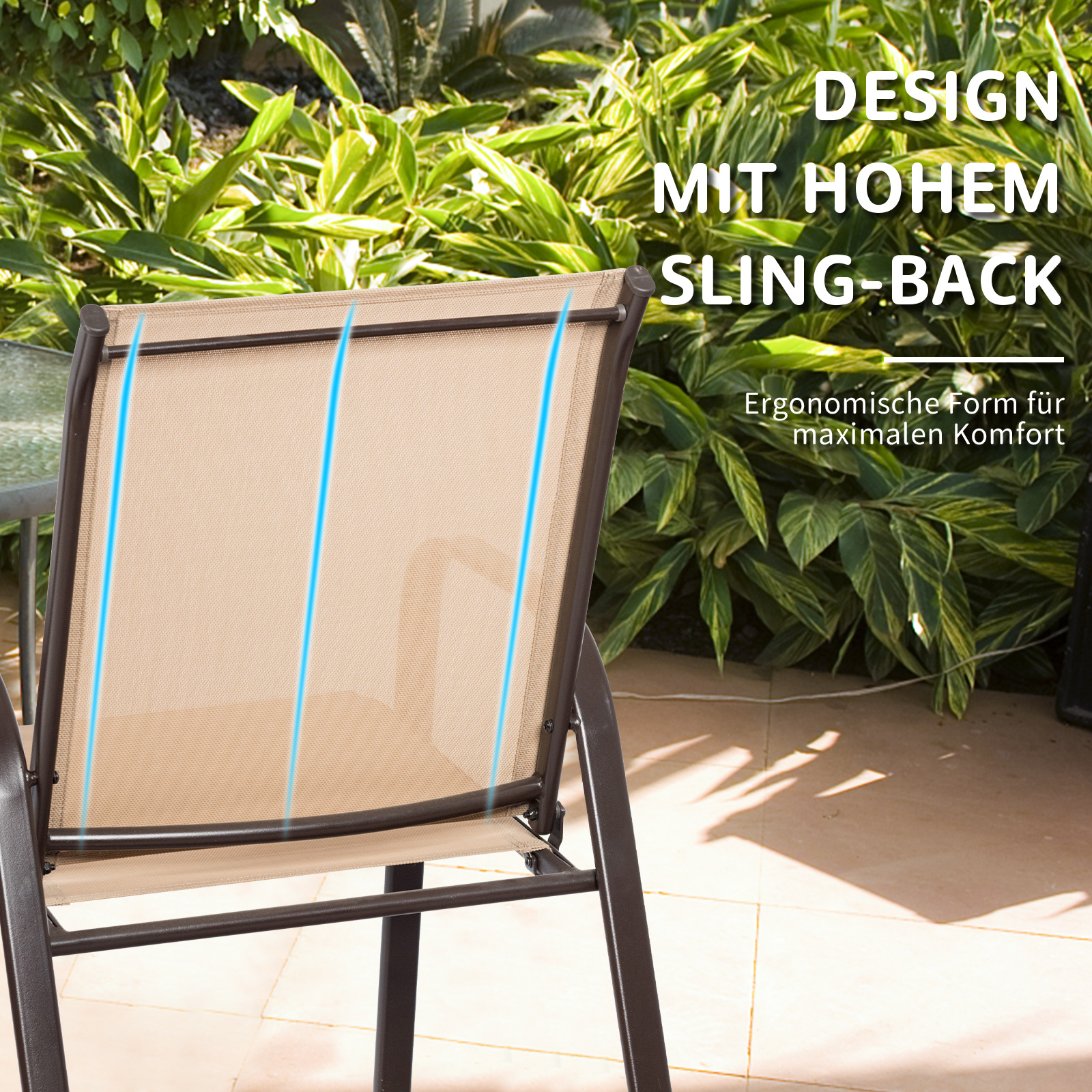 Ein beiger Stuhl mit braunem Rahmen, mit dem Text: Design mit hohem Sling-Back.