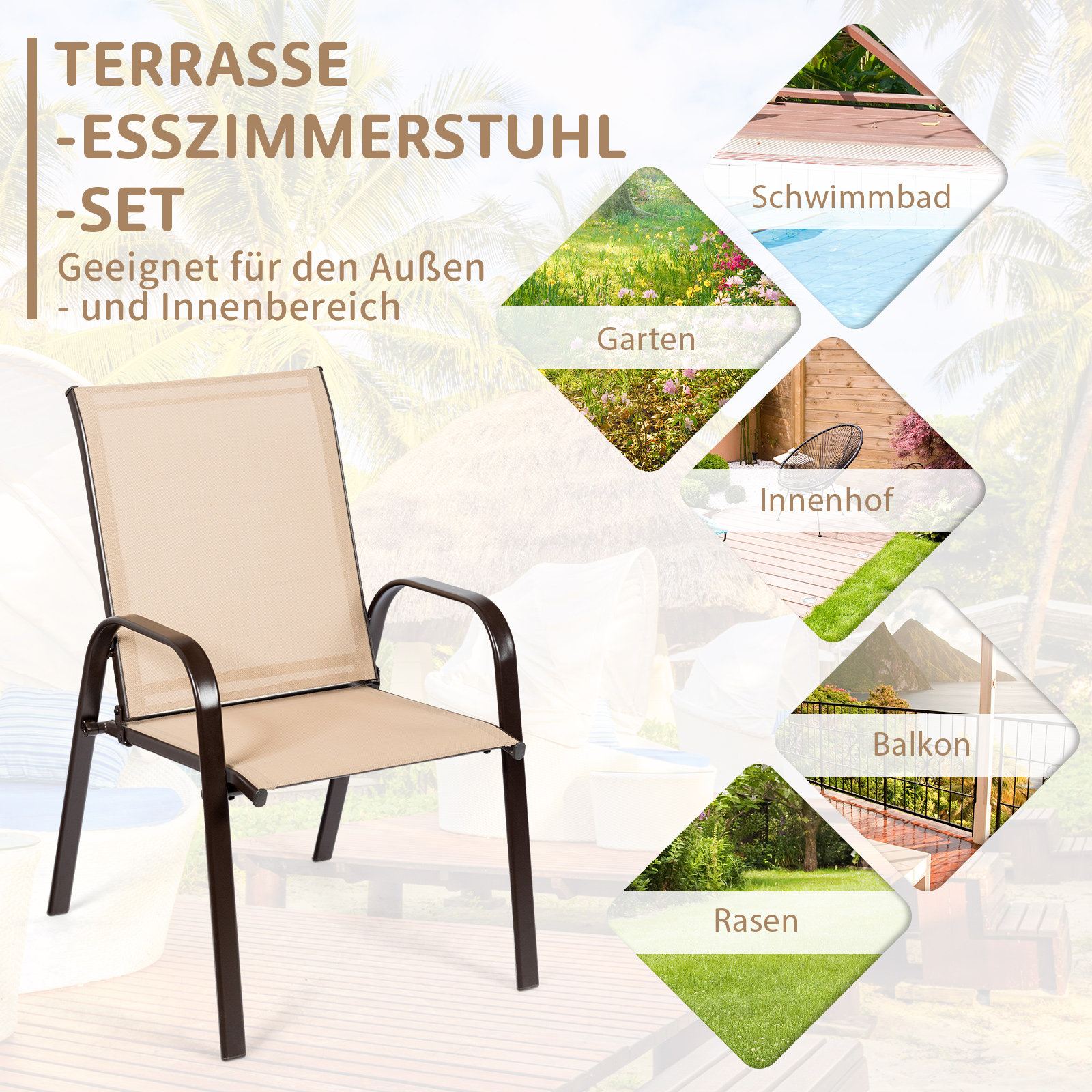 Essgruppe für draußen mit Stuhl, Bilder von Garten, Pool, Terrasse, Rasen usw.