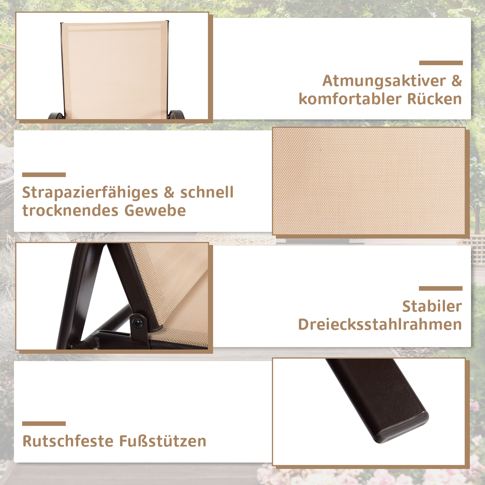 Nahaufnahme eines beige-braunen Klappstuhls mit unterstützendem Text.