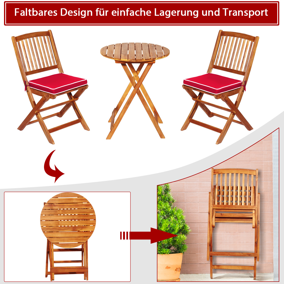 Klapptisch und -stühle aus Holz. Rote Kissen. Tisch gefaltet und geöffnet, mit Stühlen darum. Oberer Text.