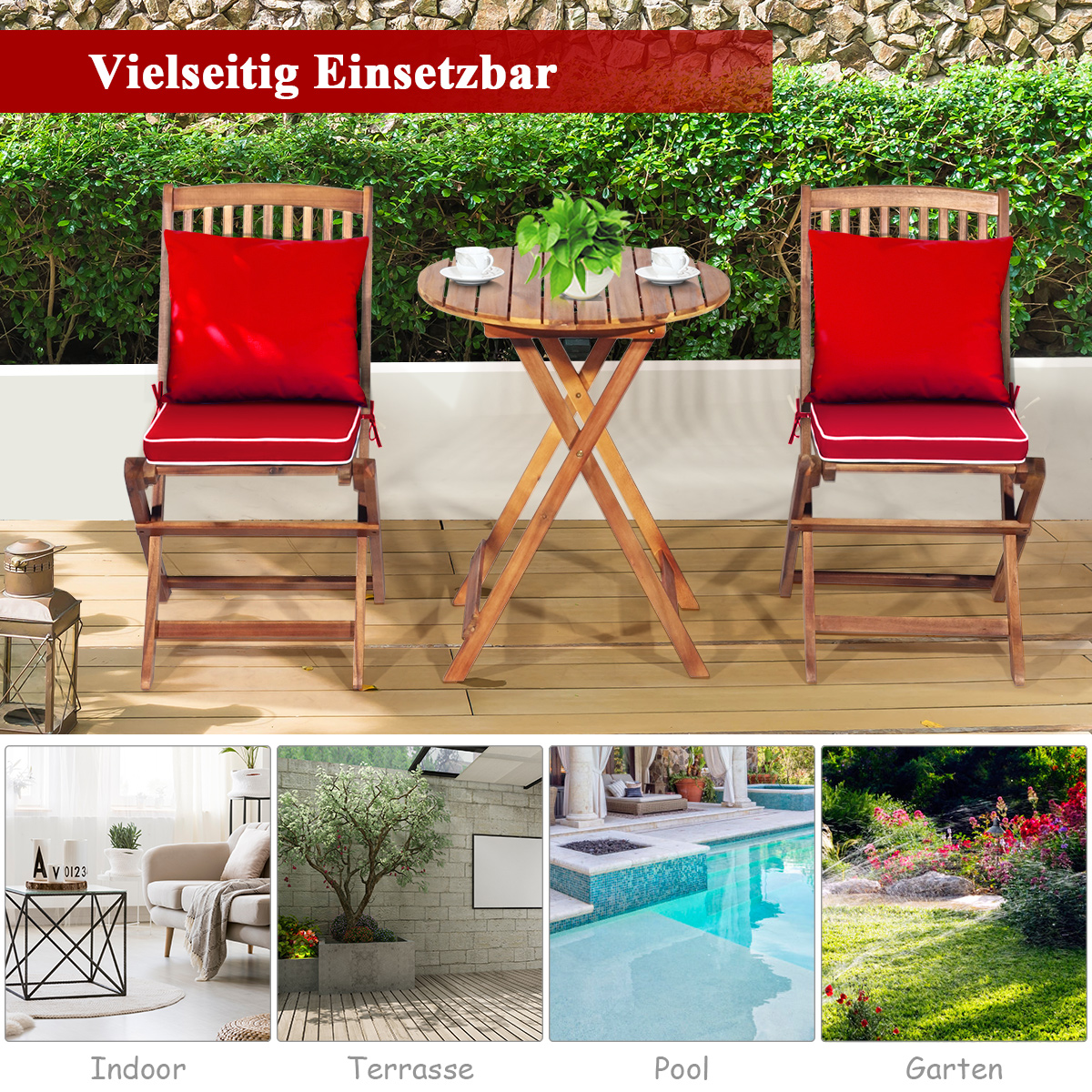 Zwei rote Stühle vor einem Holztisch. Der Hintergrund zeigt einen Garten.