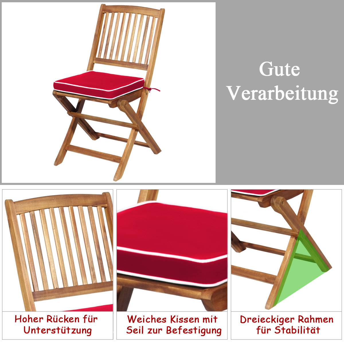 Holzstuhl mit rotem Kissen. Nahaufnahmen von Details. Text auf Deutsch.
