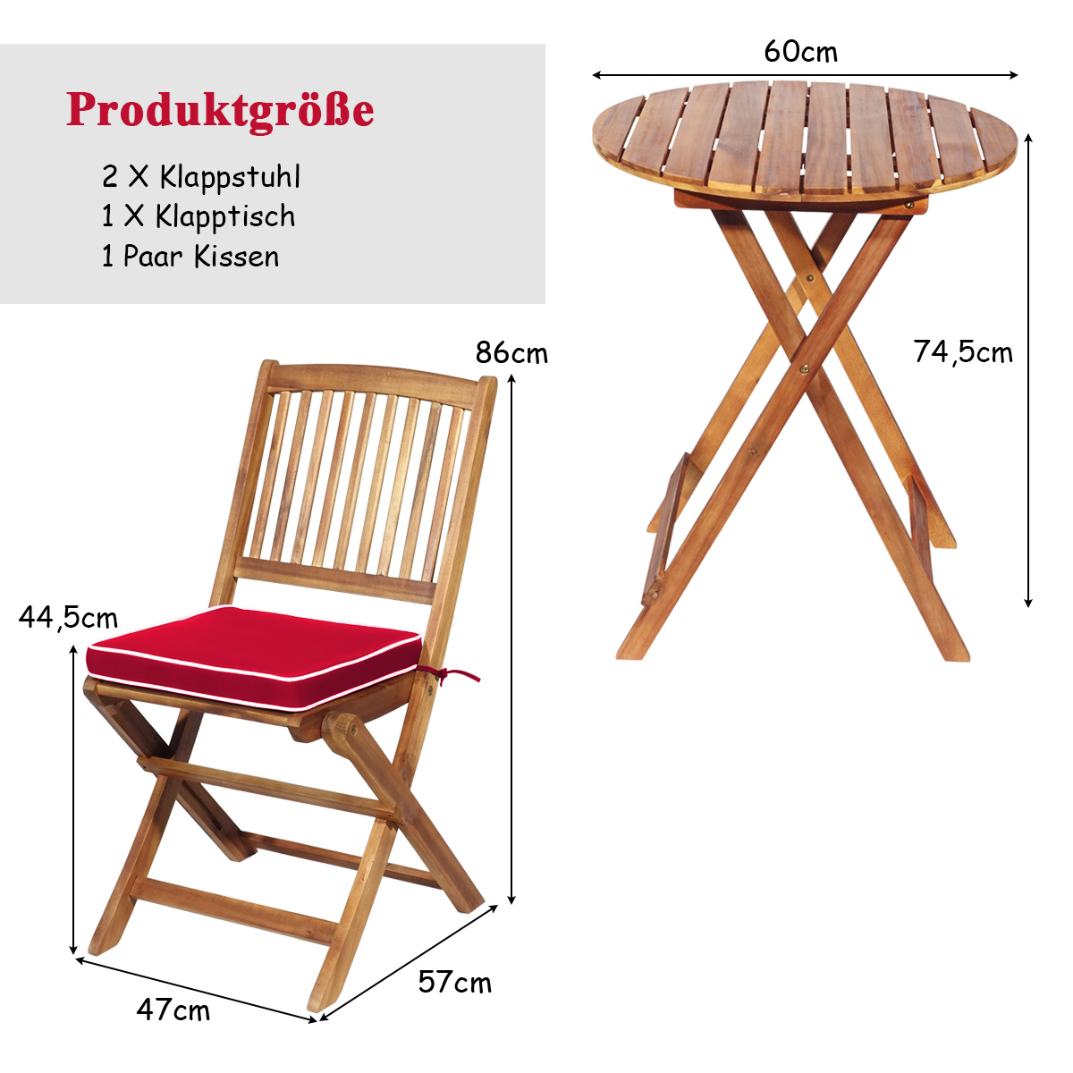 Ein klappbarer Tisch und Stuhl aus Holz. Ein Tisch mit 60cm Durchmesser und ein Stuhl.