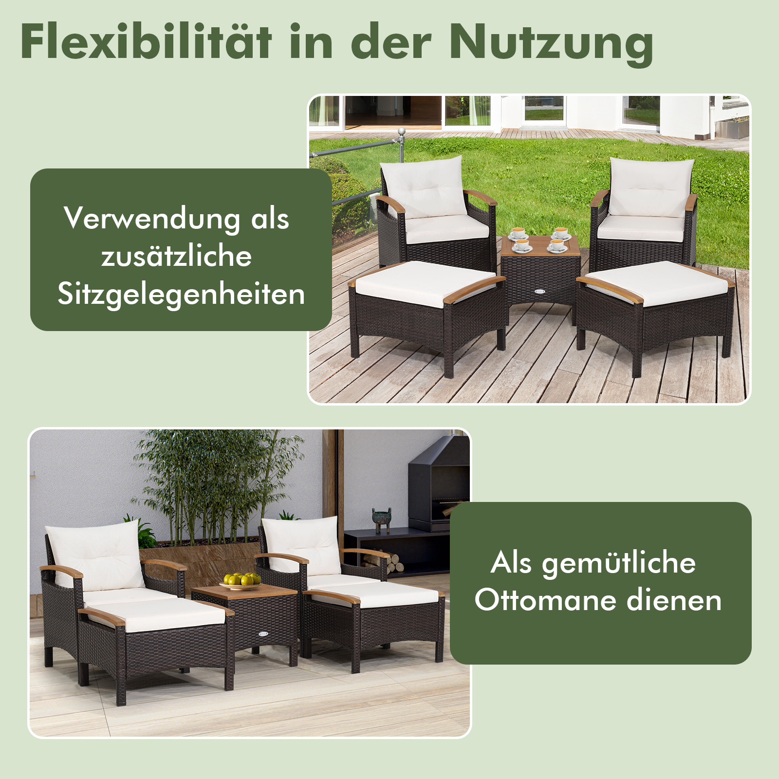 Gartenmöbel: Stühle, Ottomanen und ein Tisch. Text: Flexibilität in der Nutzung. Als zusätzliche Sitzgelegenheiten oder Ottomanen.