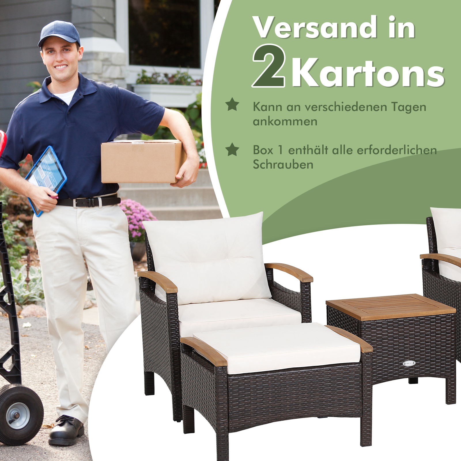 Ein Mann mit blauer Mütze hält einen Karton, im Hintergrund Möbel.