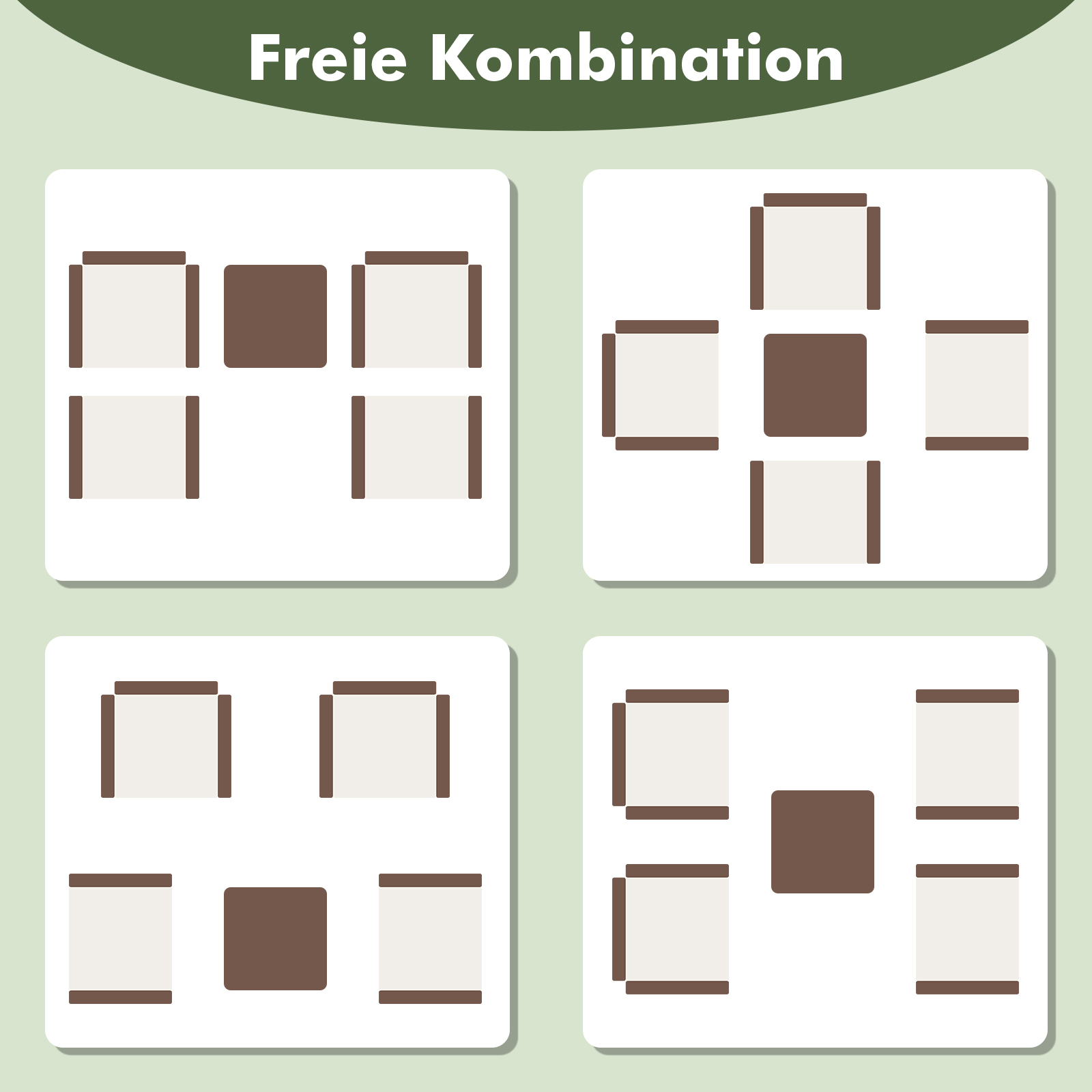 Vier Anordnungen quadratischer Formen in verschiedenen Kombinationen.