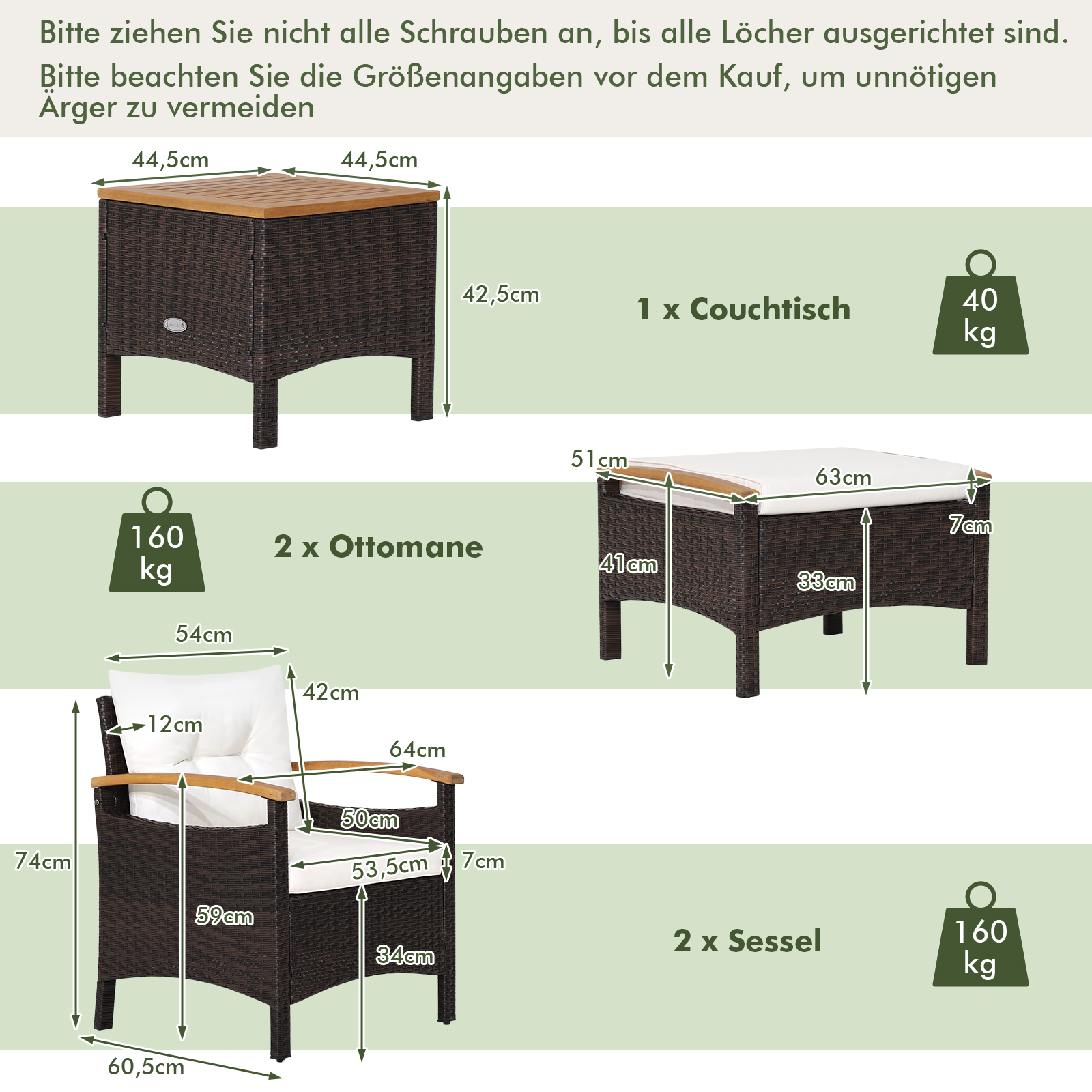 Diagramm von Gartenmöbeln: ein Tisch, zwei Ottomanen und zwei Stühle.
