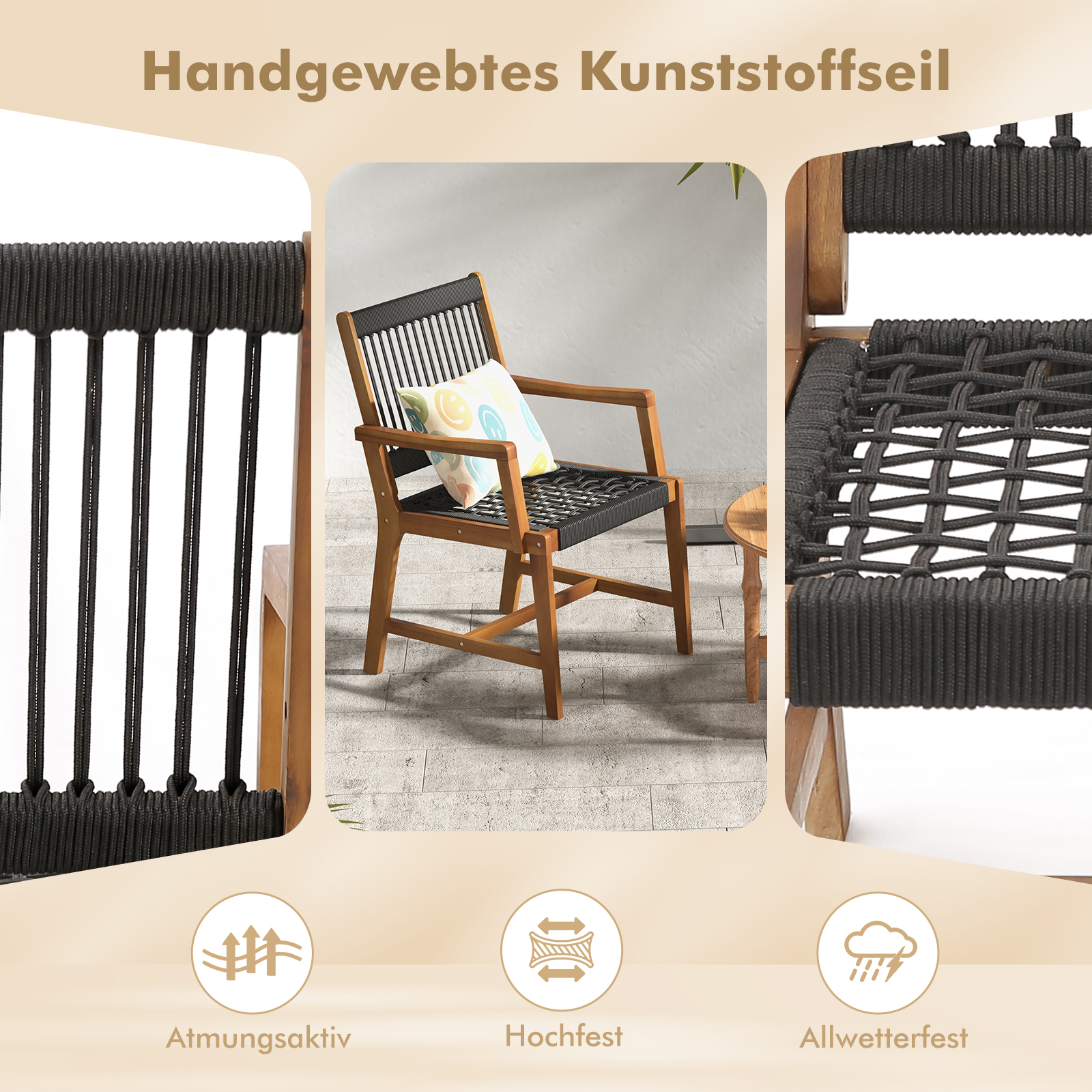 Holzstuhl-Details: gewebter schwarzer Sitz, schwarze Seile und Holzrahmen, Nahaufnahme.