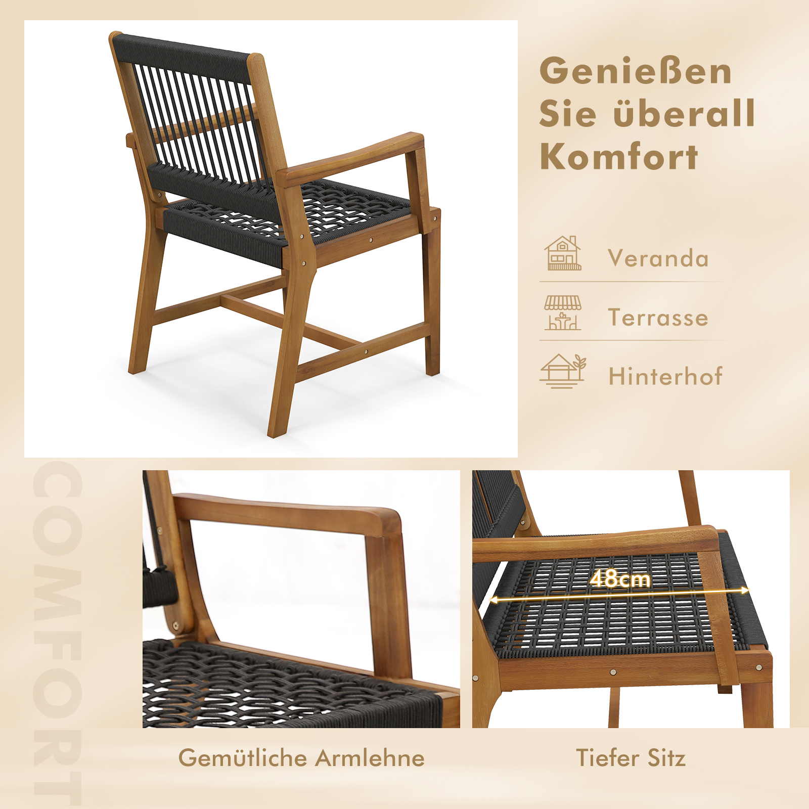 Holzstuhl mit schwarzem, gewebtem Sitz und Rücken. Text auf dem Bild.