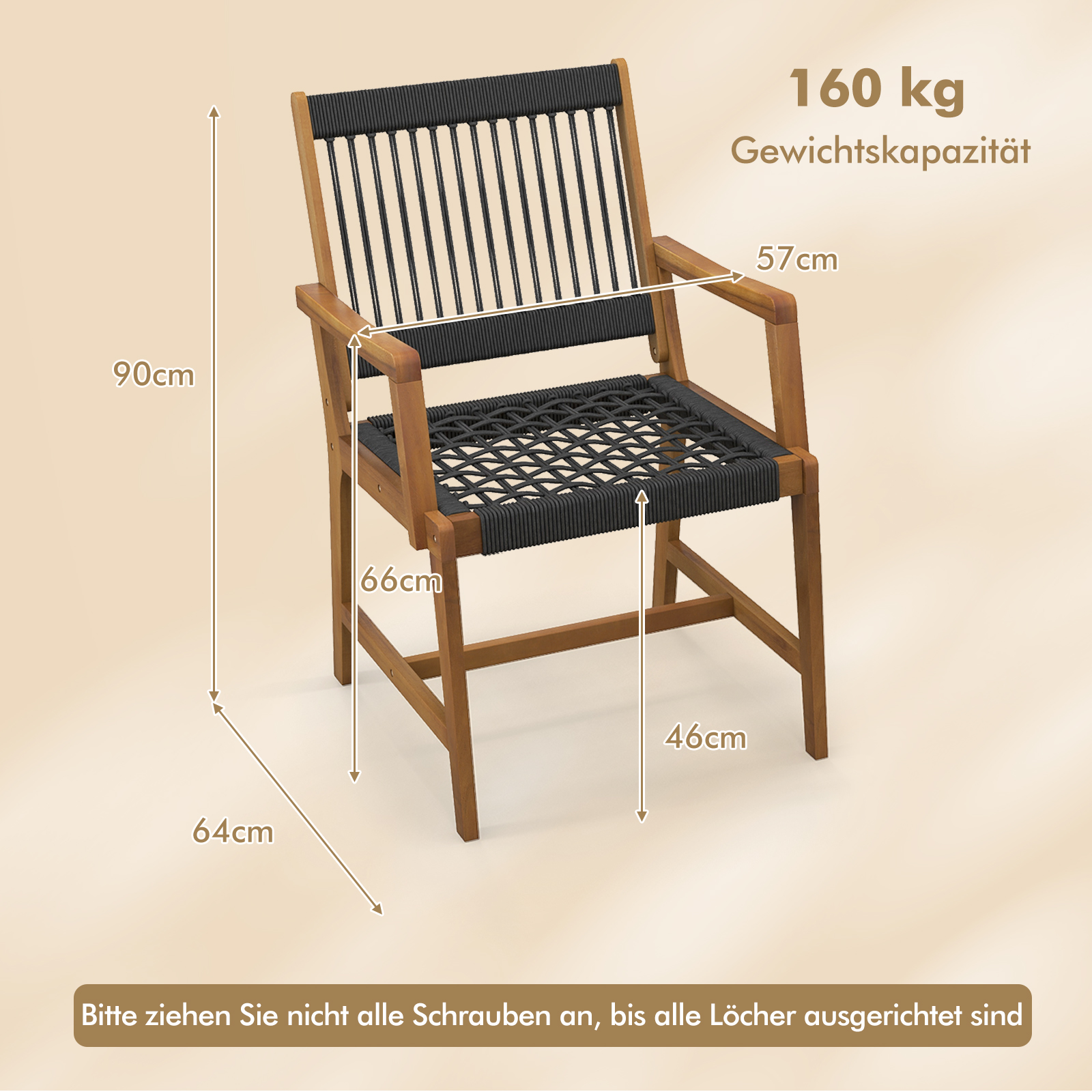 Holzstuhl mit schwarzem gewebten Sitz und Rückenlehne. Text zeigt Gewichtskapazität.