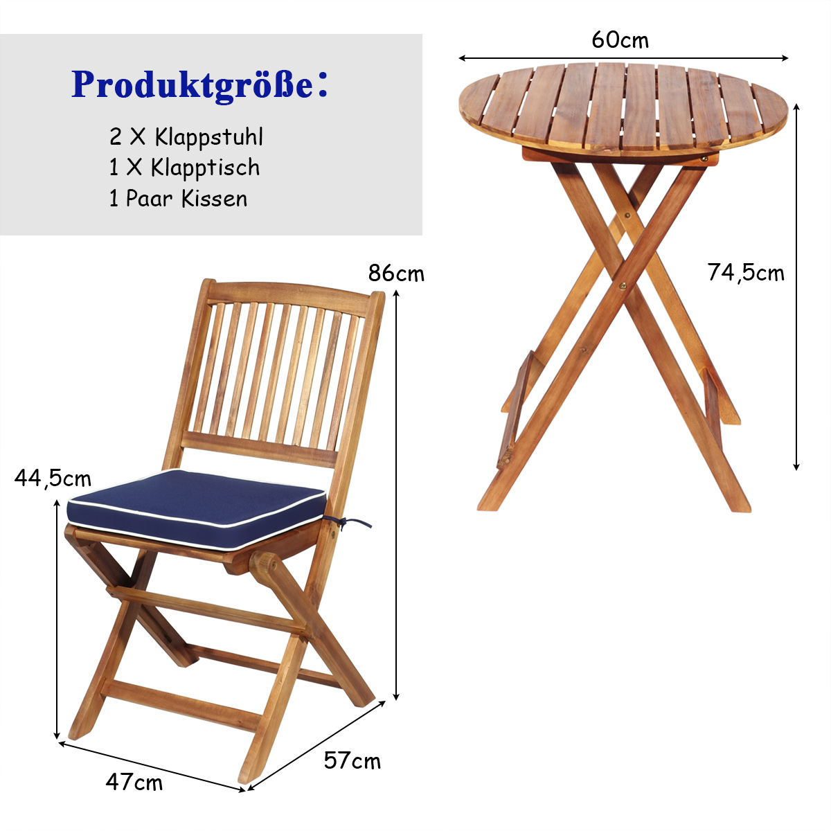 Klappbarer Holztisch und Stühle für draußen mit Abmessungen und blauen Kissen.