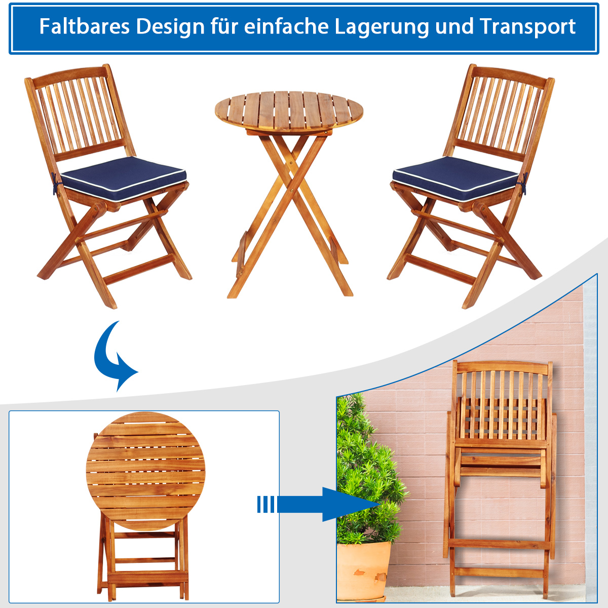 Klappbarer Holztisch und Stühle. Tisch hat eine runde Platte. Stühle haben blaue Kissen.