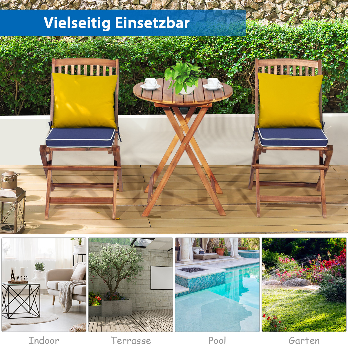 Zwei Holzstühle mit gelben Kissen neben einem Tisch. Vier Lifestyle-Szenen werden gezeigt.