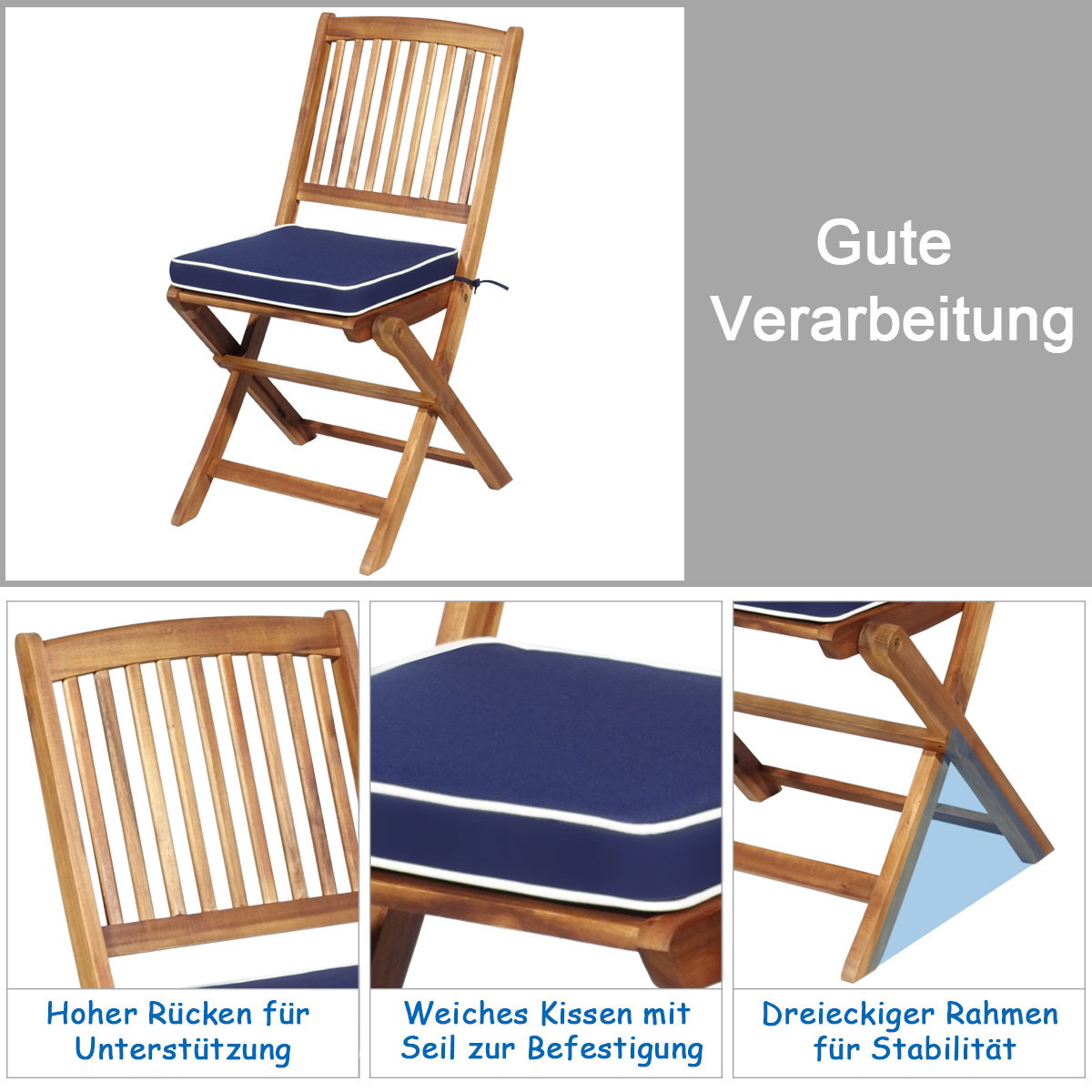 Holzklappstuhl mit blauem Kissen. Text sagt 'Gute Verarbeitung'.