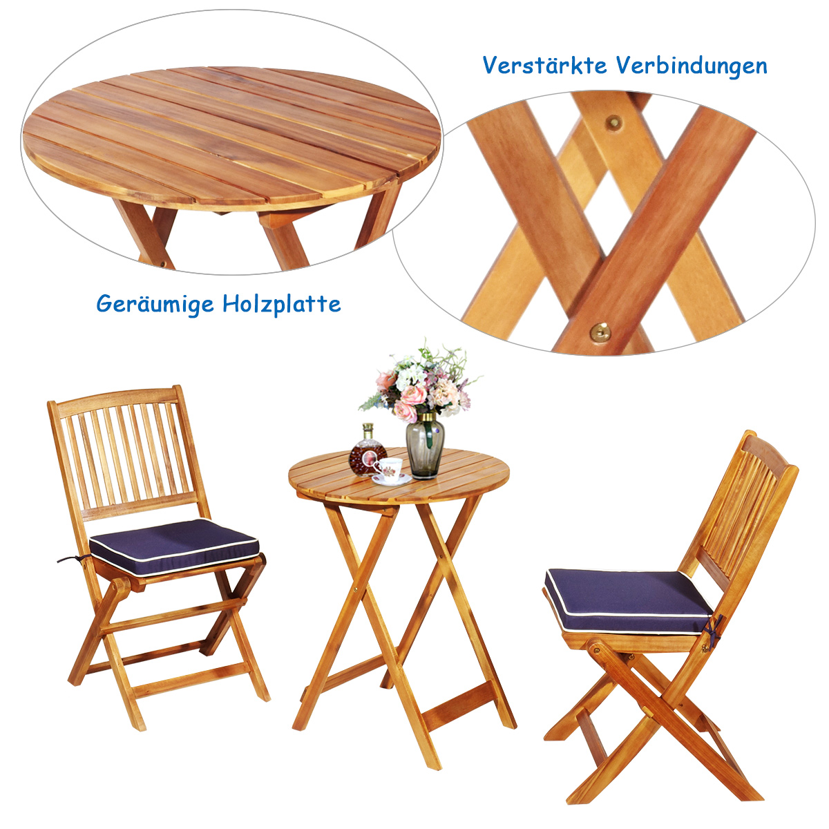 Ein Tisch und Stühle aus Holz. Nahaufnahmen der Tisch- und Stuhlverbindungen werden gezeigt.