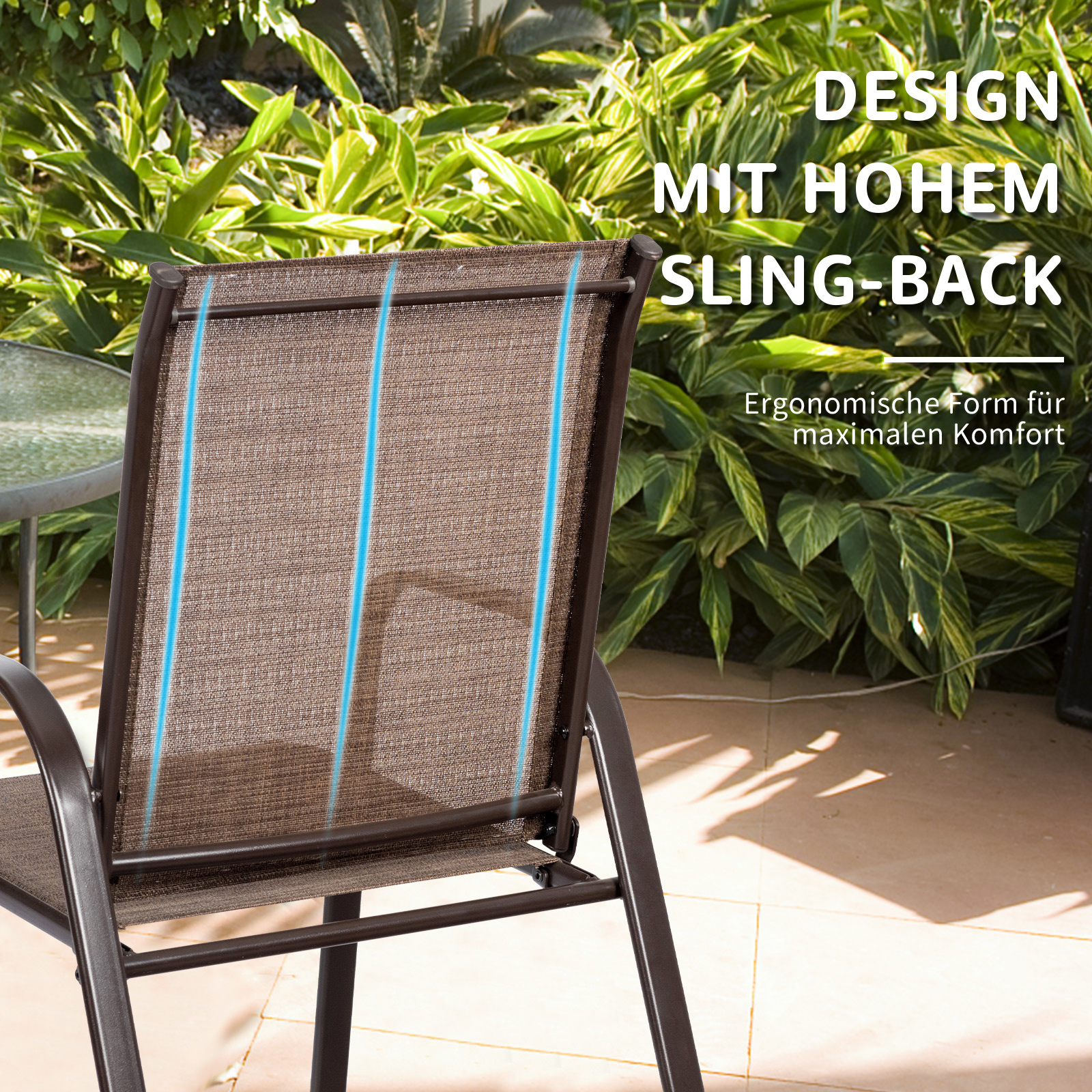 Brauner Outdoor-Stuhl mit Netzrücken und Text-Overlay.