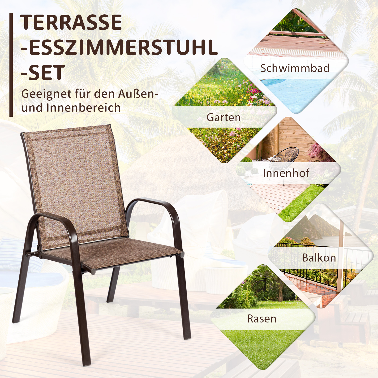 Essgruppe für den Außenbereich mit Text-Overlays, die verschiedene Außenstandorte zeigen.
