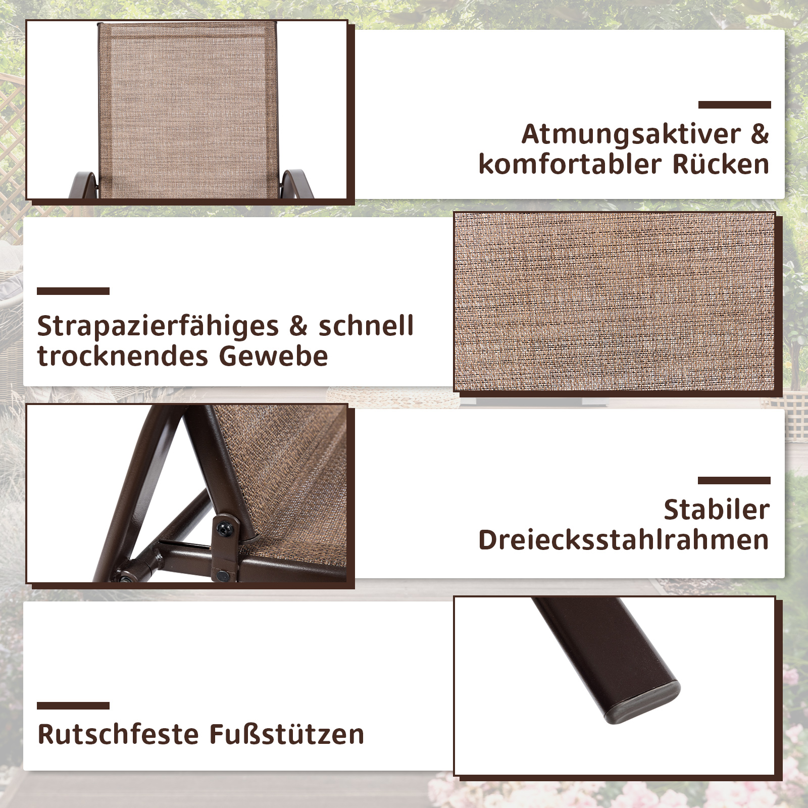 Nahaufnahmen eines braunen Stuhls. Zeigt atmungsaktiven Rücken, schnell trocknenden Stoff und stabilen Rahmen.