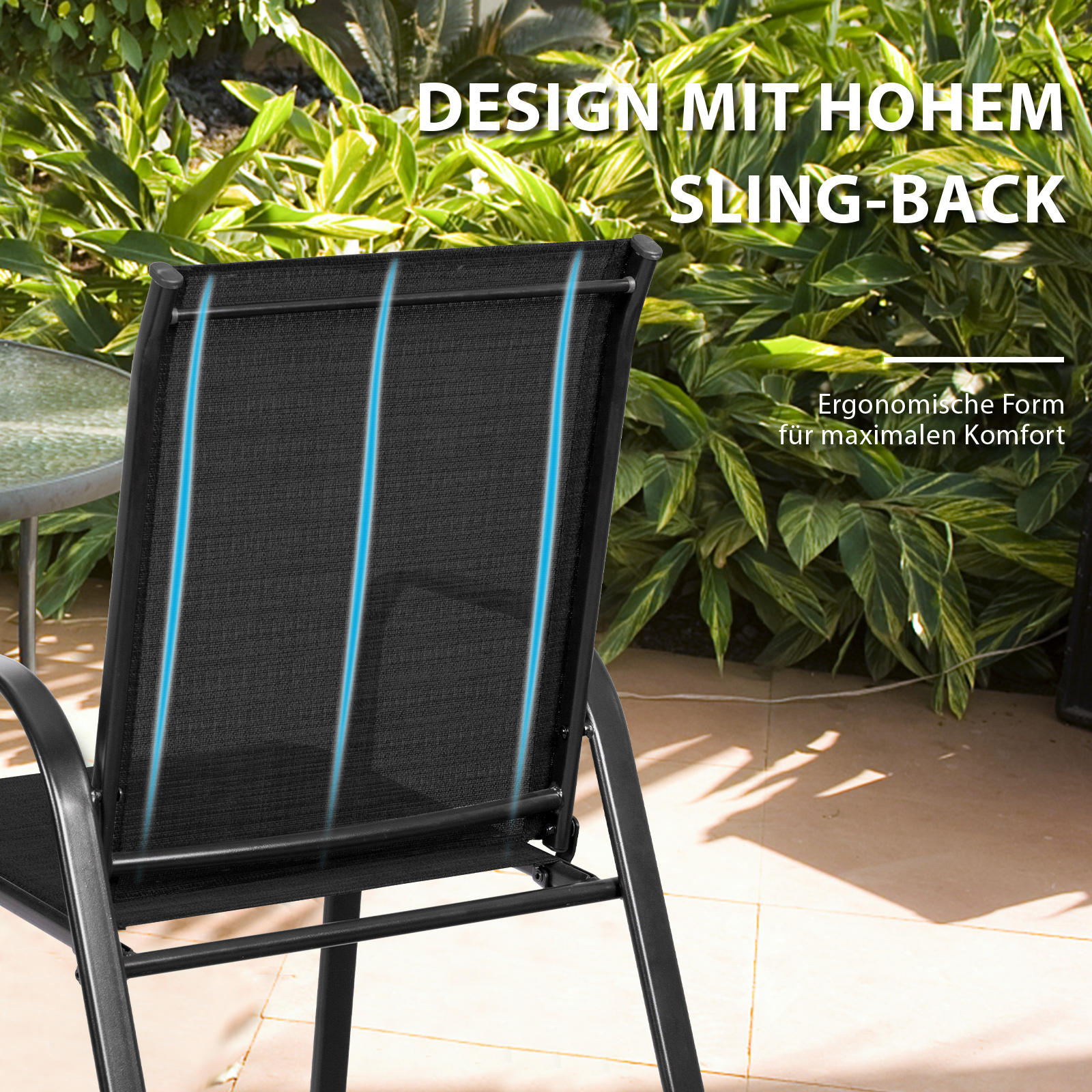 Schwarzer Stuhl mit Netzrücken. Text sagt ergonomische Form für Komfort. Hintergrund ist ein Garten.