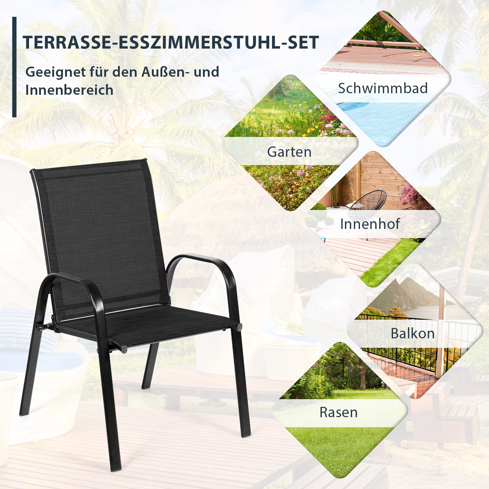 Schwarzer Metallstuhl mit schwarzem Netzsitz, mit Kontextsymbolen: Garten, Pool, Terrasse, Rasen.