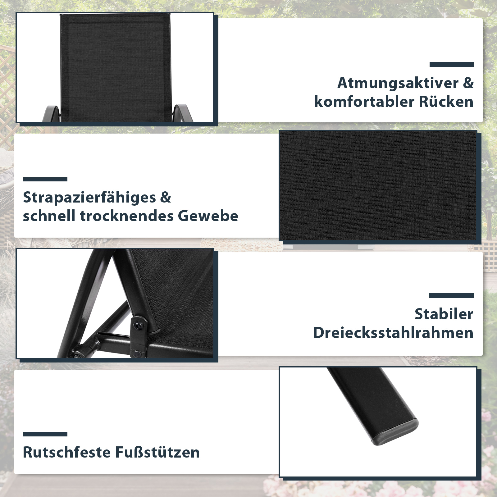Detailliertes Bild eines schwarzen Gartenstuhls mit Textanmerkungen zu seinen Merkmalen.
