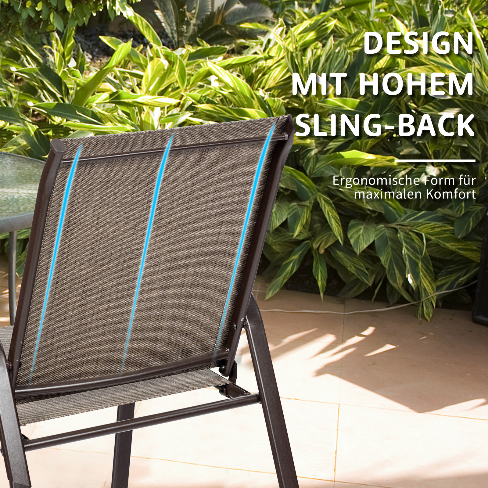 Brauner Outdoor-Stuhl mit Sling-Back-Design. Text sagt ergonomisch und komfortabel.