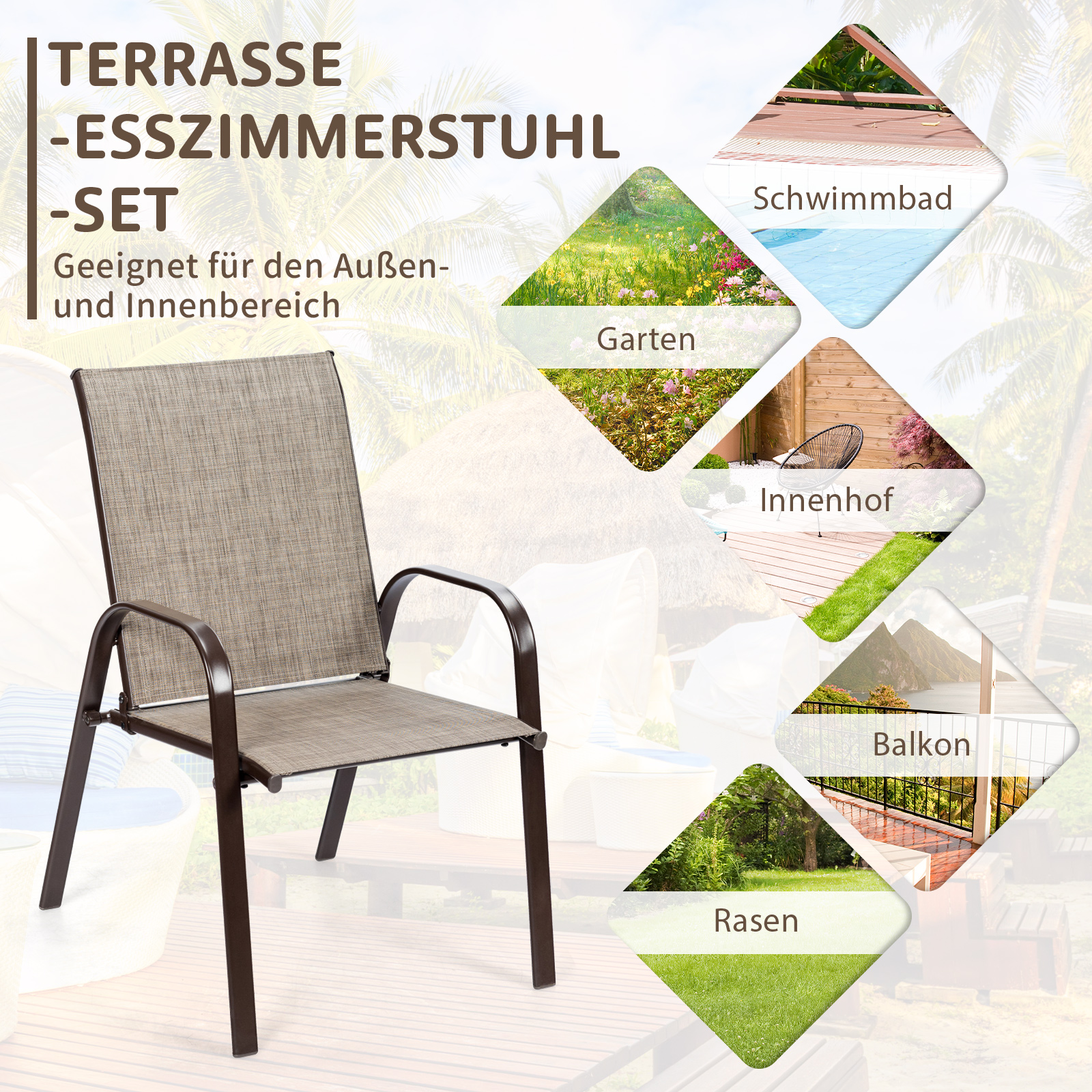 Ein Terrassen-Ess-Set mit einem Stuhl und Bildern verschiedener Außenbereiche wie Gärten und Schwimmbäder.