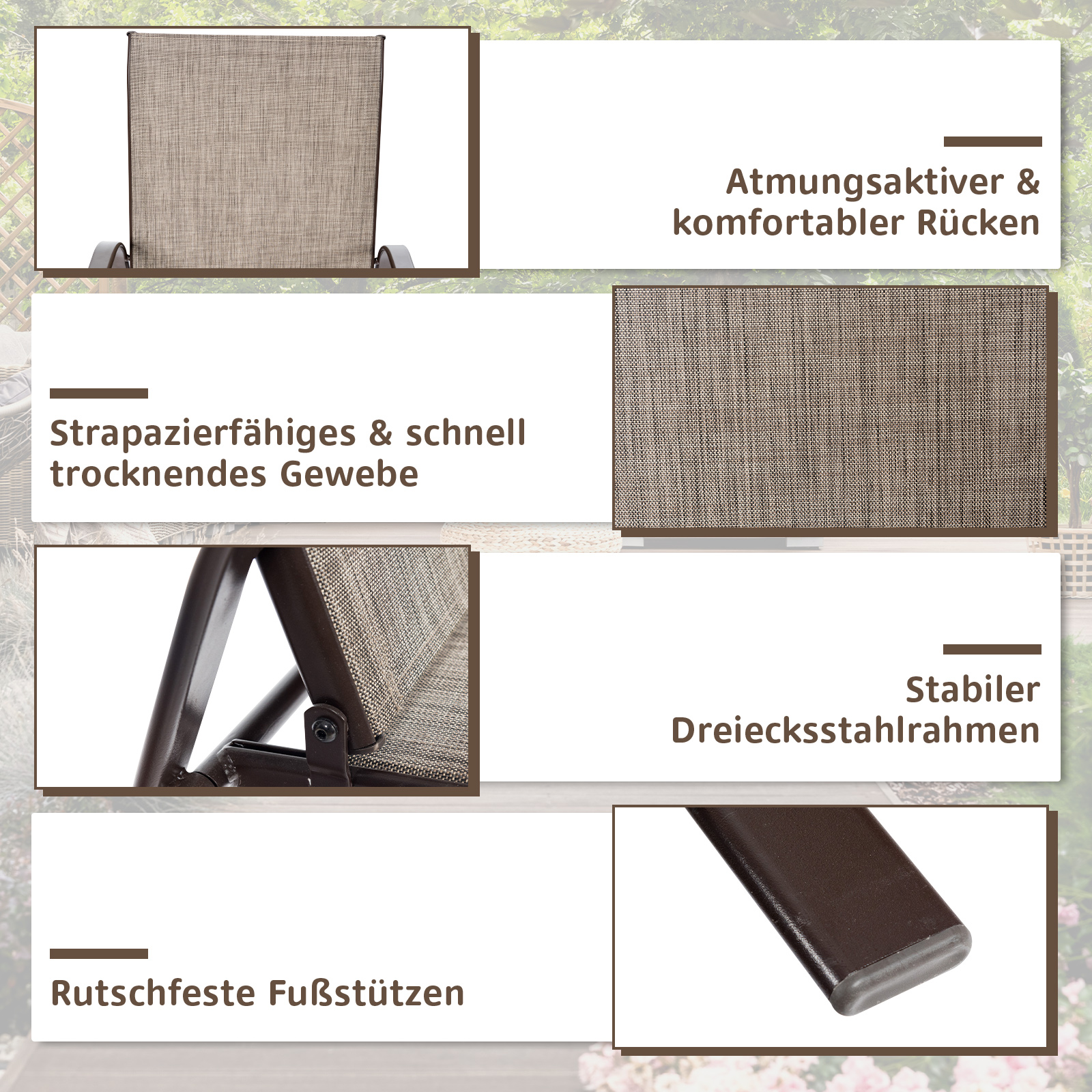 Nahaufnahme eines Outdoor-Stuhls, Details zu Stoff und Gestell.