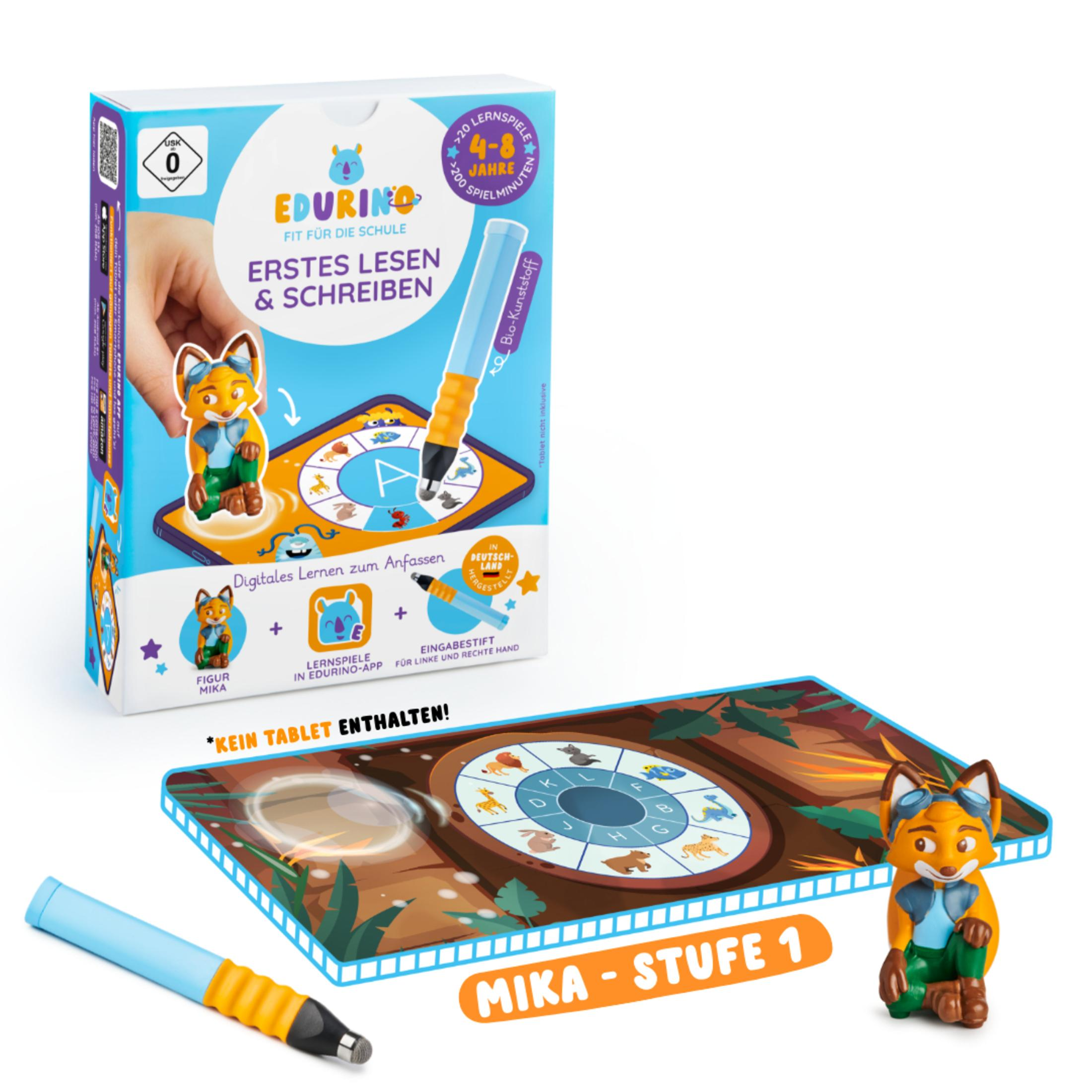 Lernspielbox mit Fuchsfigur, Stift und Spielbrett.