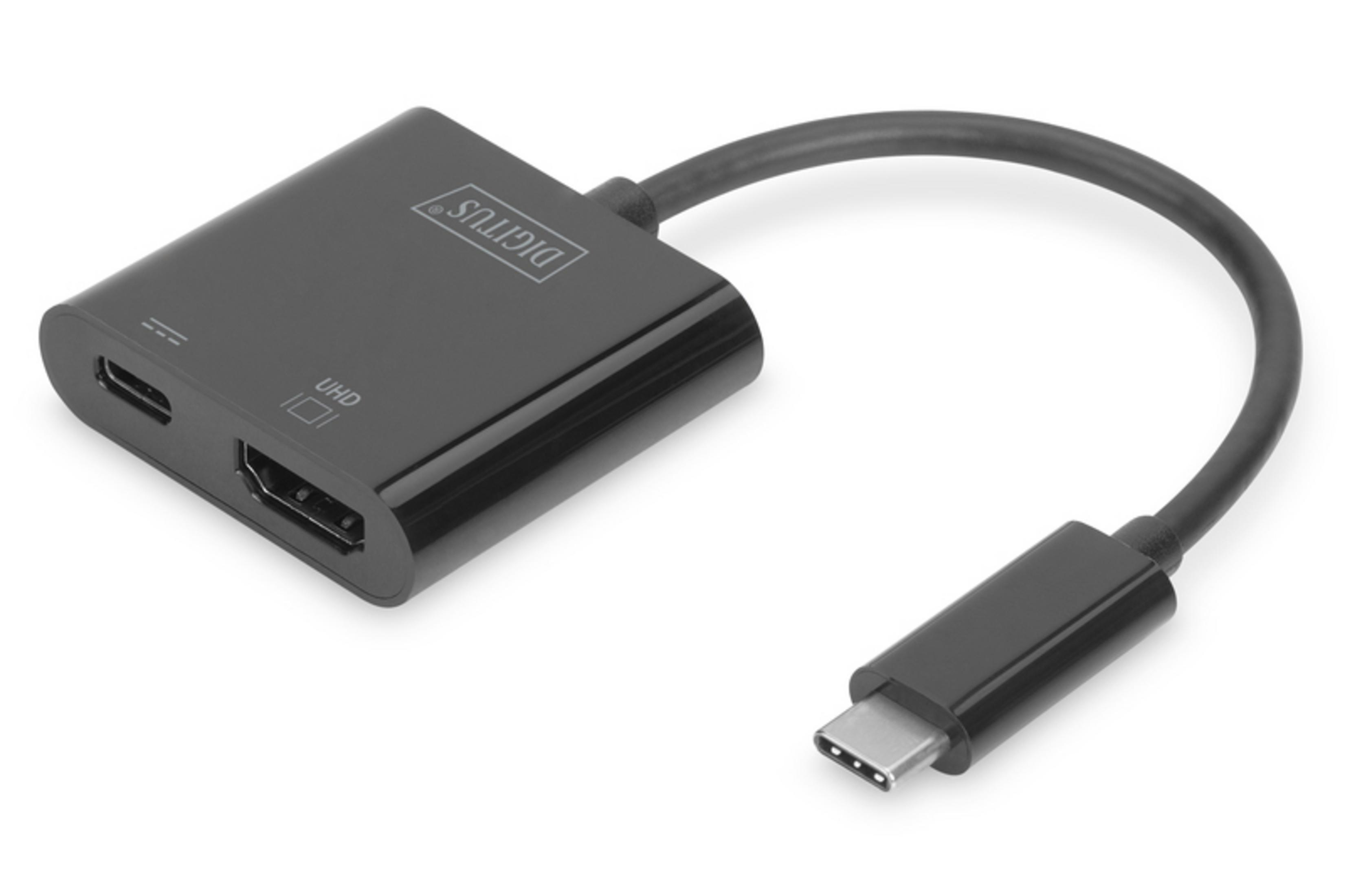 Schwarzer HDMI-Adapter mit USB-C-Kabel und weißem Hintergrund. "DIGITUS"-Logo.