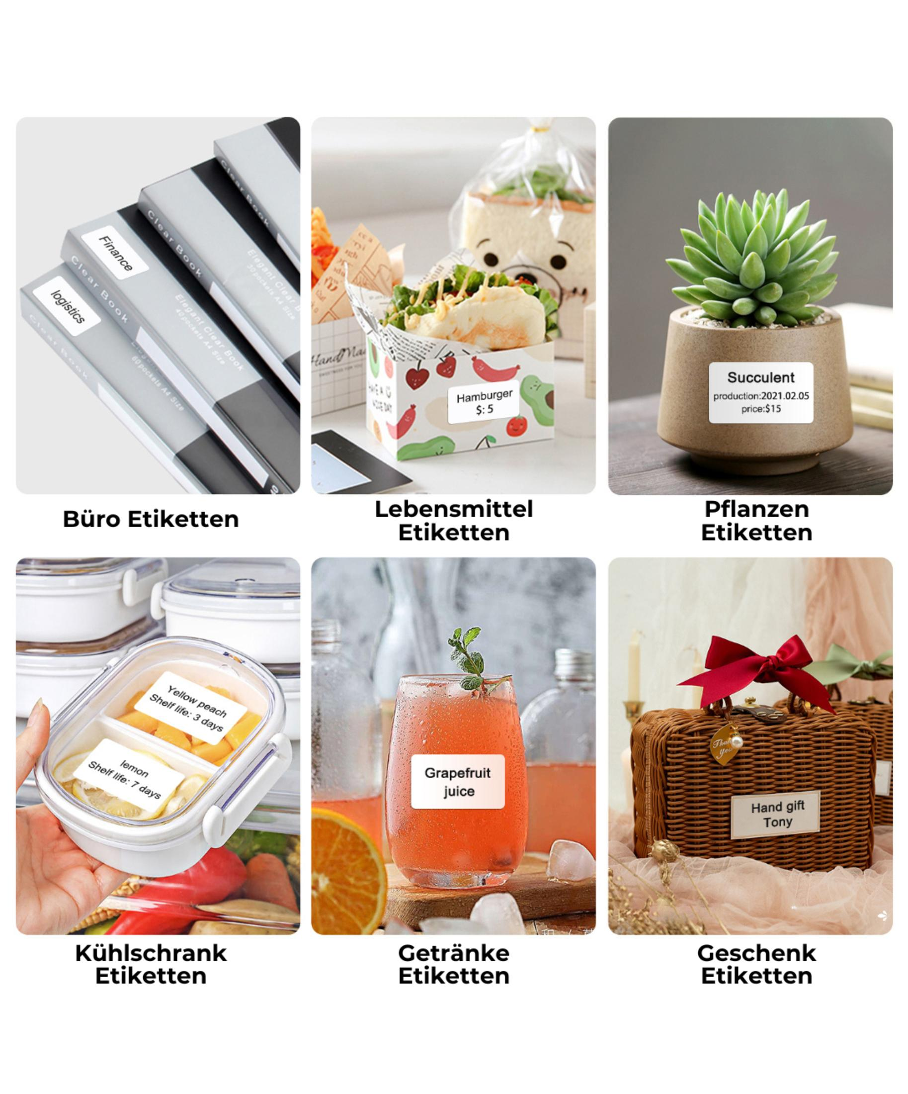 Eine Collage von beschrifteten Produktaufklebern auf verschiedenen Artikeln: Bücher, Lebensmittelbehälter, eine Pflanze und ein Geschenk.
