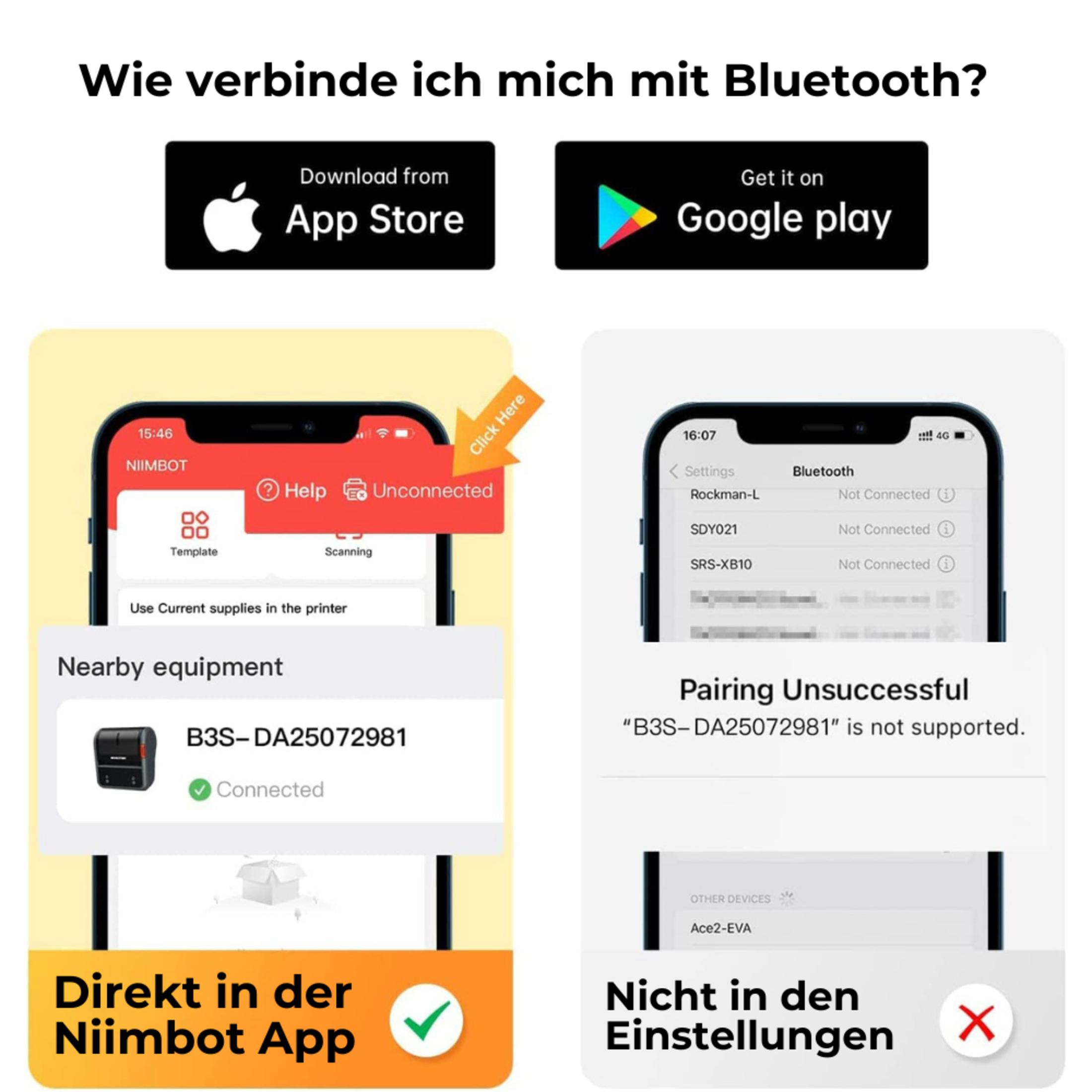Un grafico che mostra come connettere un dispositivo tramite Bluetooth. Mostra l'app e le impostazioni Bluetooth.