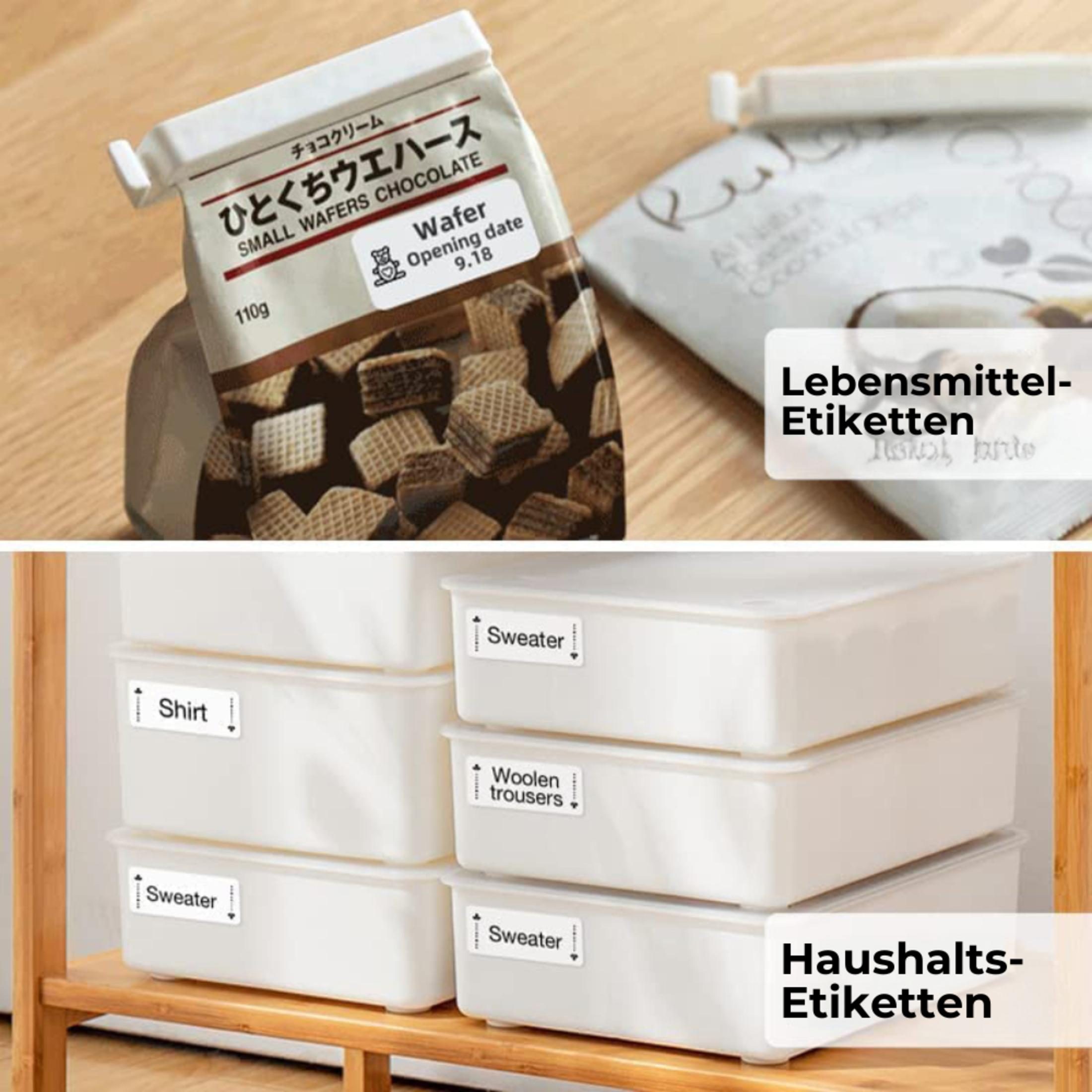 Etichette su confezioni alimentari e contenitori. Etichette con testo: Wafer al cioccolato, Camicia, Maglione.