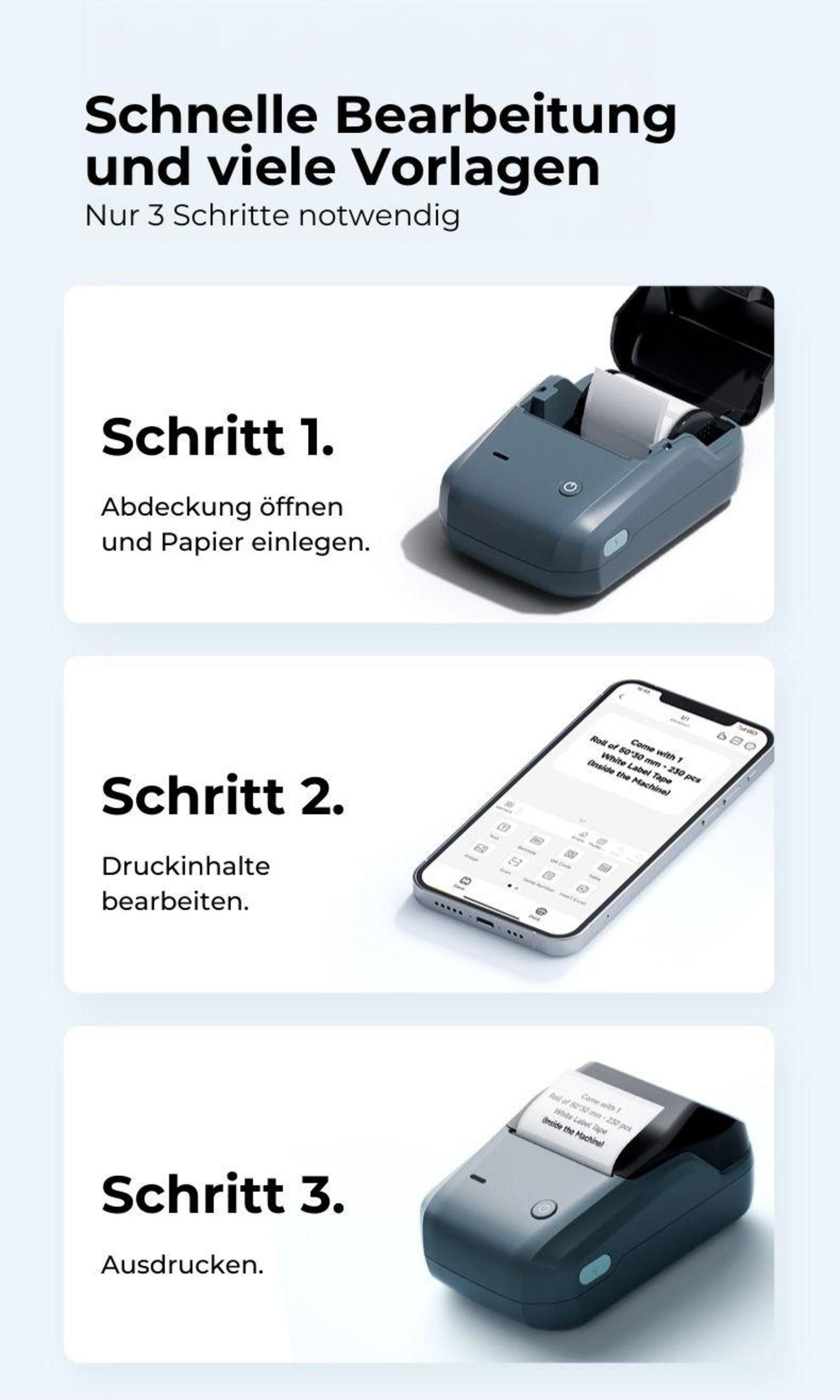 Ein tragbarer Drucker mit einem Smartphone, das Text anzeigt, sowie Anweisungen.