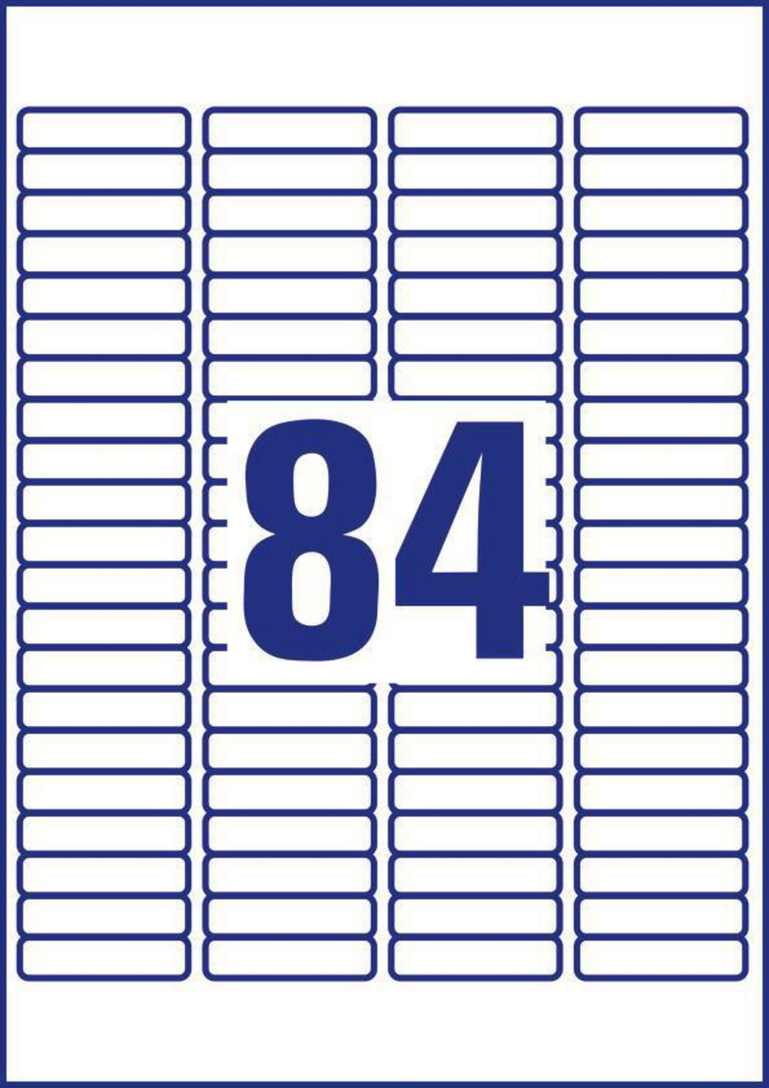Ein Bogen Etiketten mit der Nummer 84 in großen blauen Buchstaben.