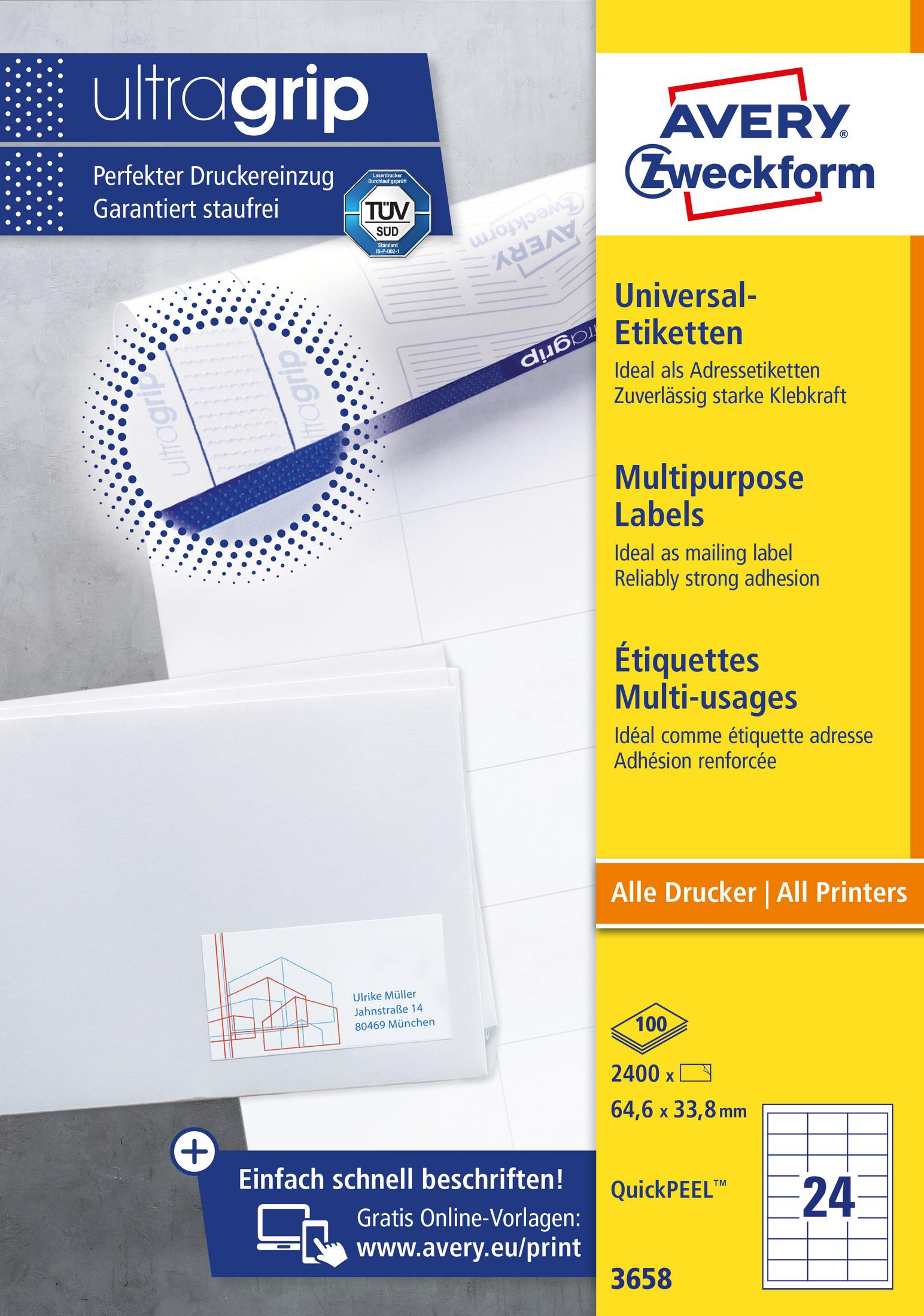 Avery Zweckform-Etikettenpaket mit weißen Etiketten. Text und ein Beispiel für eine Adresse befinden sich auf den Etiketten.
