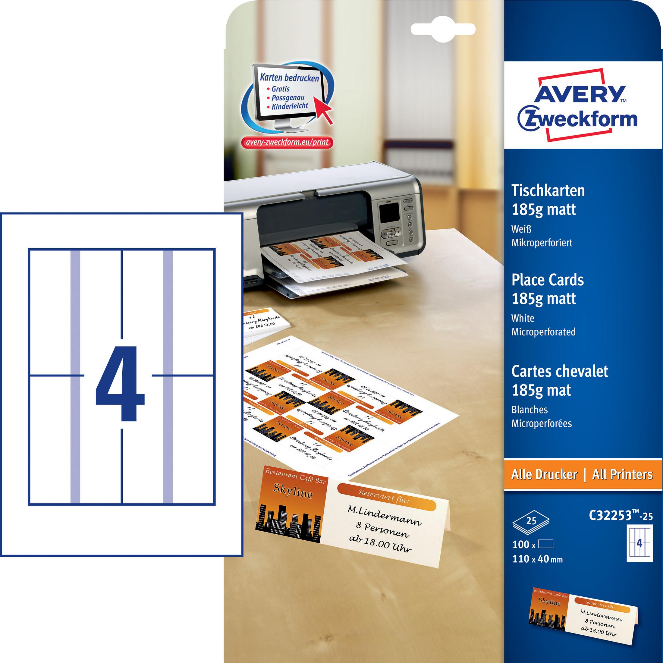 Papier mit Tischkarten und Drucker. Die Karten liegen auf einem Tisch. Weißer Hintergrund. Avery Zweckform. Tischkarten sind mit 4 nummeriert.