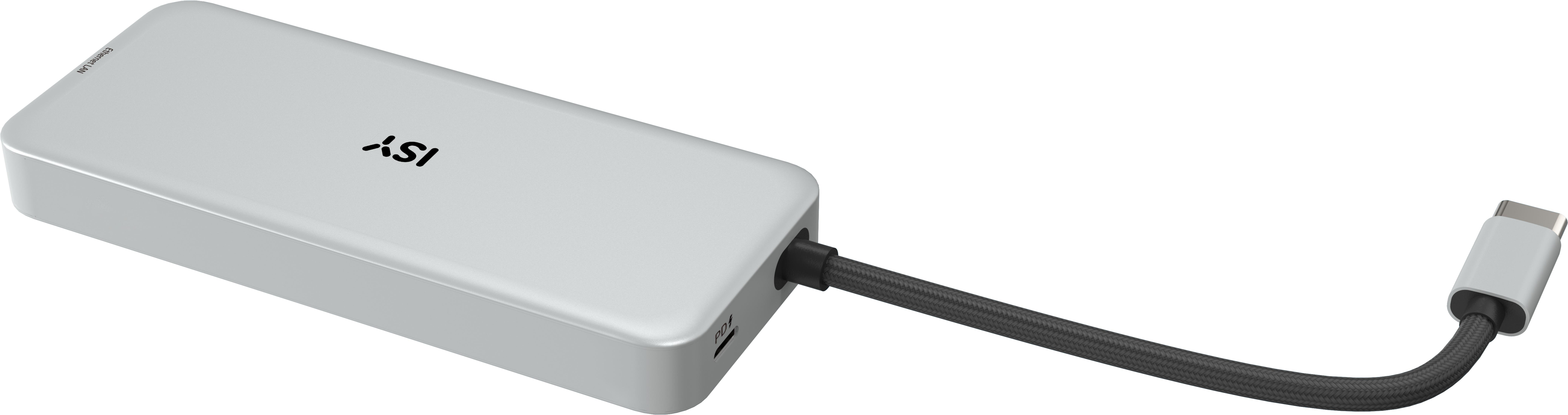 Ein silberfarbener USB-C-Hub mit angeschlossenem Kabel.