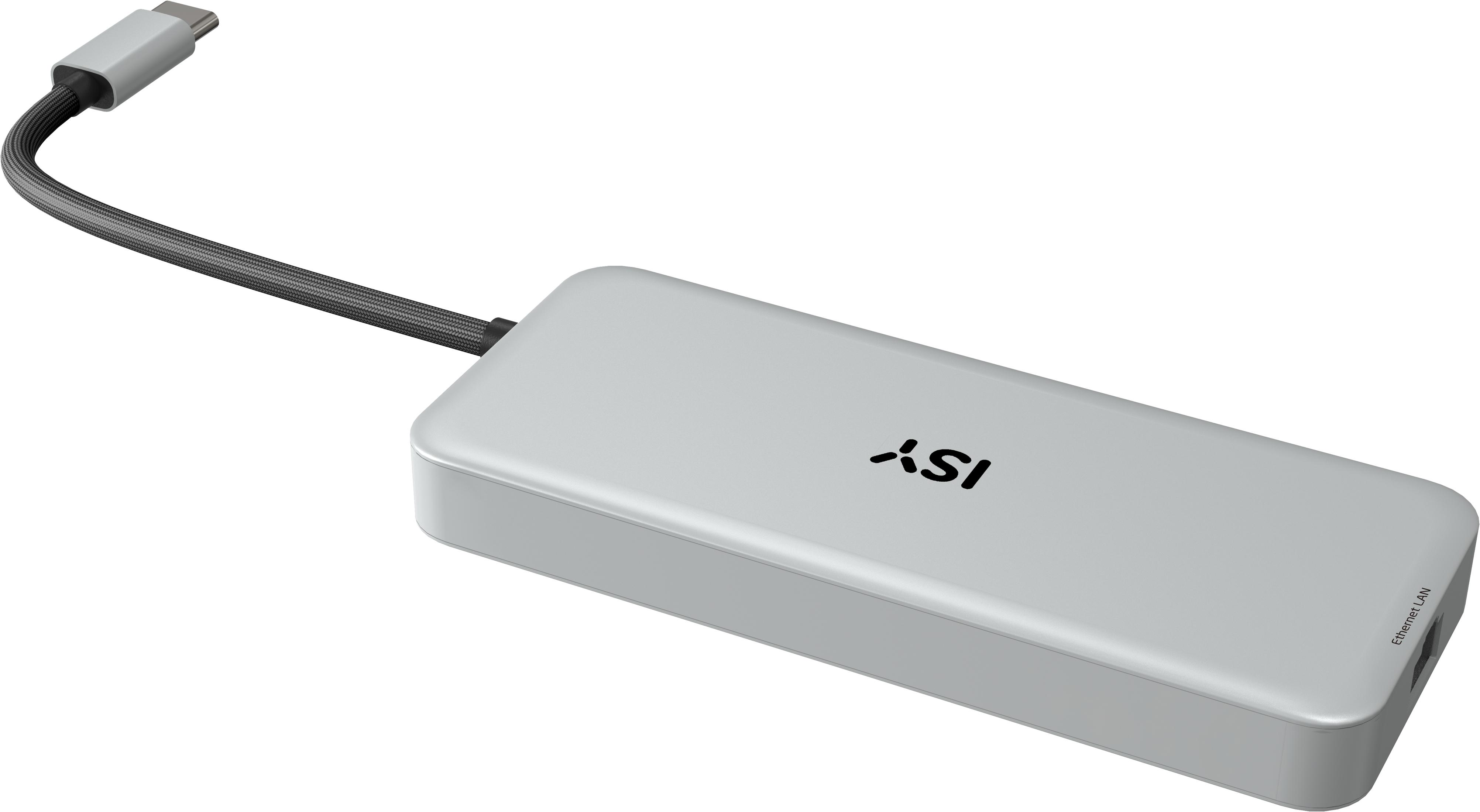 Silberner USB-C-Hub mit schwarzem Kabel, weißer Hintergrund.