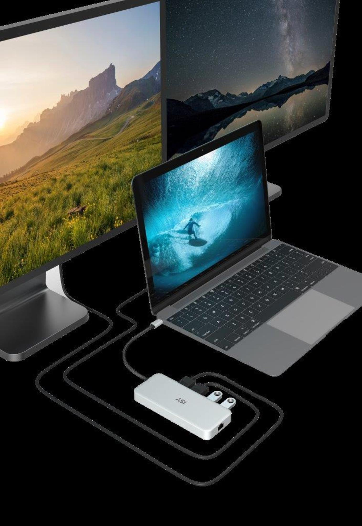Ein Laptop, der mit zwei Monitoren und einem Hub mit Kabeln verbunden ist.