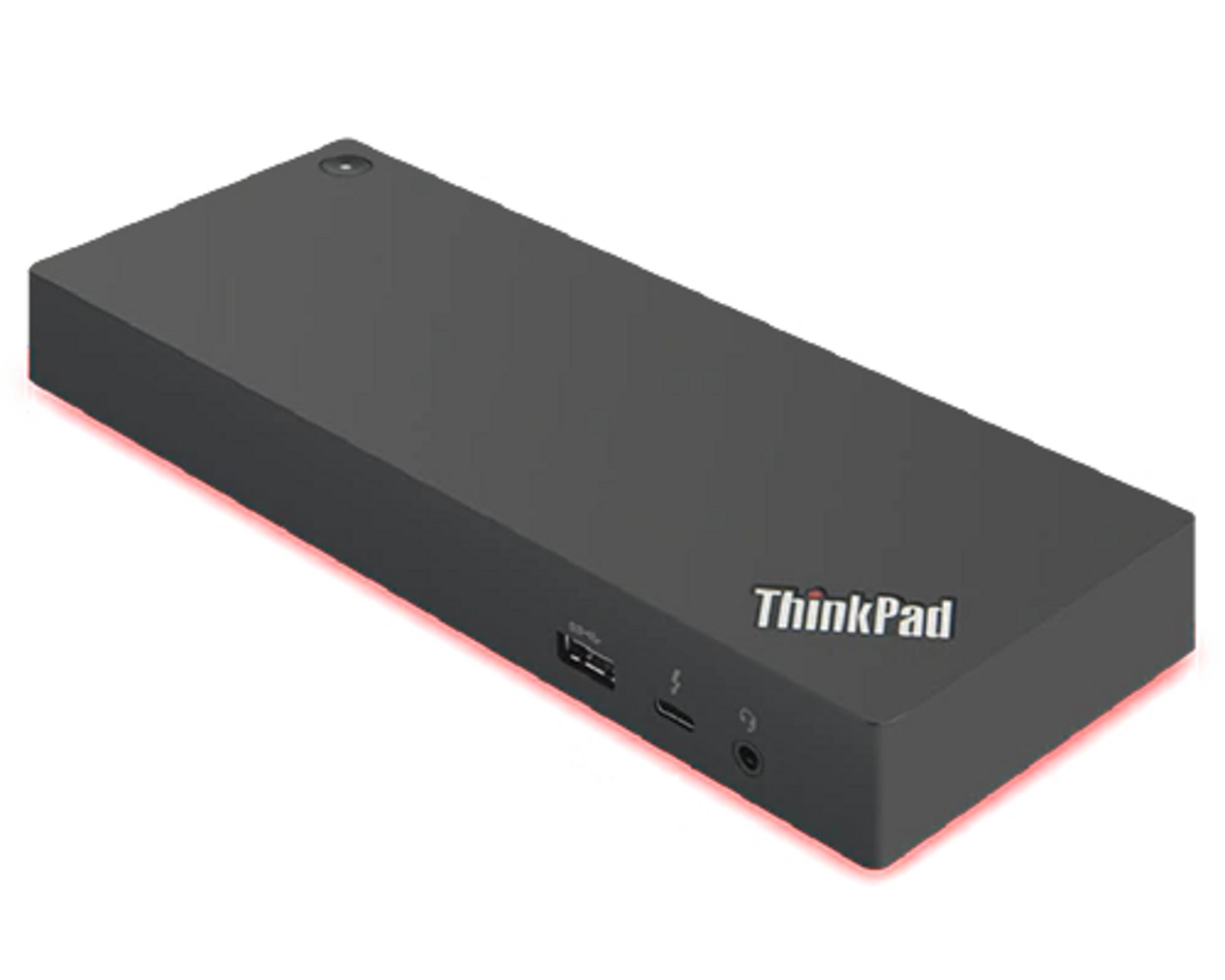 Zwart ThinkPad docking station. Toont poorten voor stroom, data overdracht. Rood licht onder de voorkant.