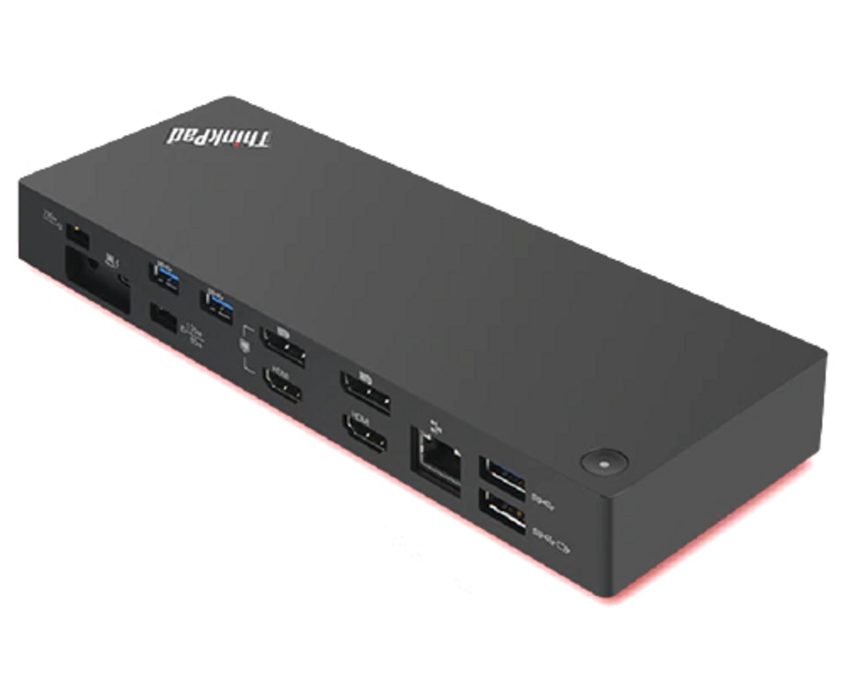 Zwart dockingstation met poorten, ThinkPad-logo, op een witte achtergrond.