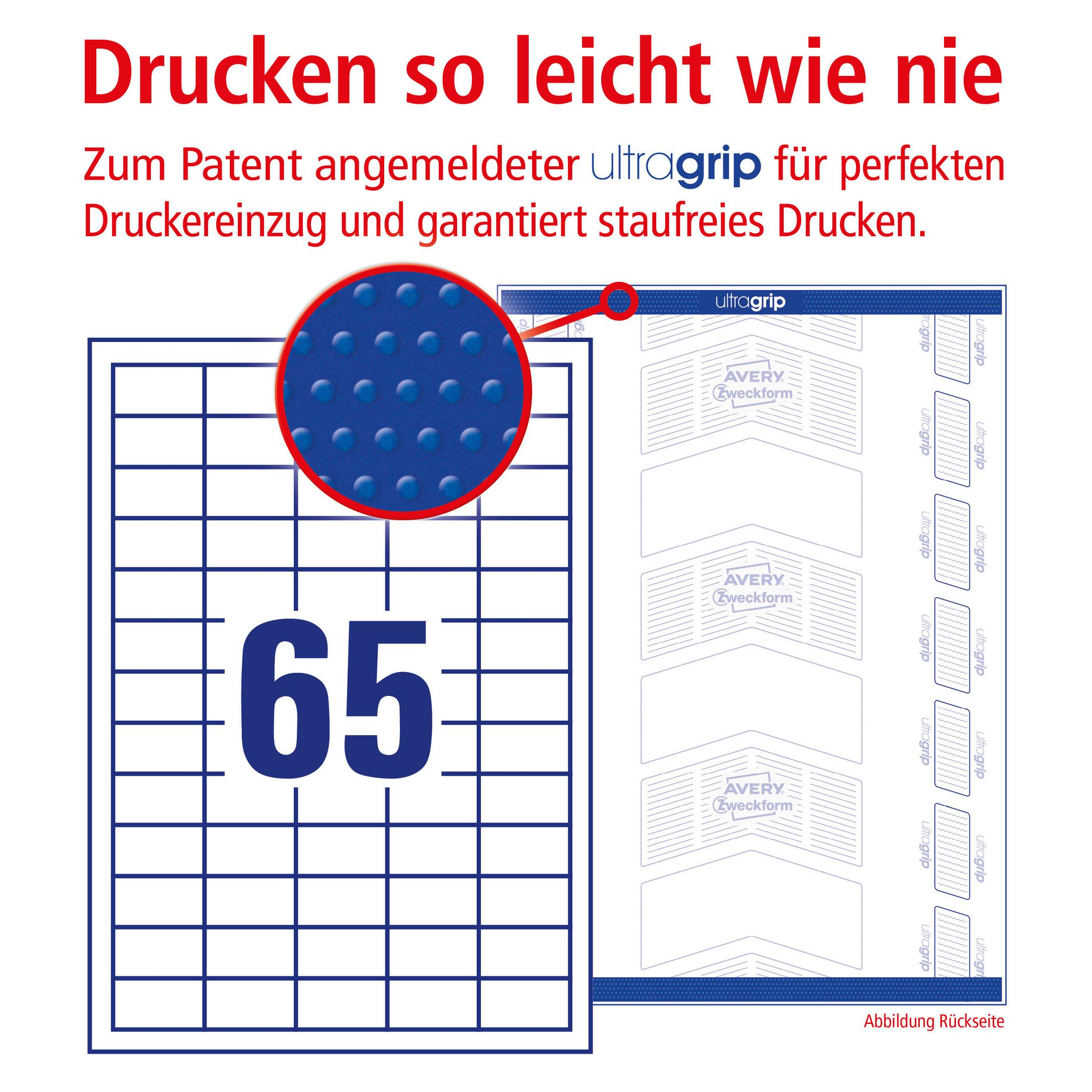Weiße Etiketten mit blauem Raster. Ein roter Kreis hebt die Klebepunkte hervor.