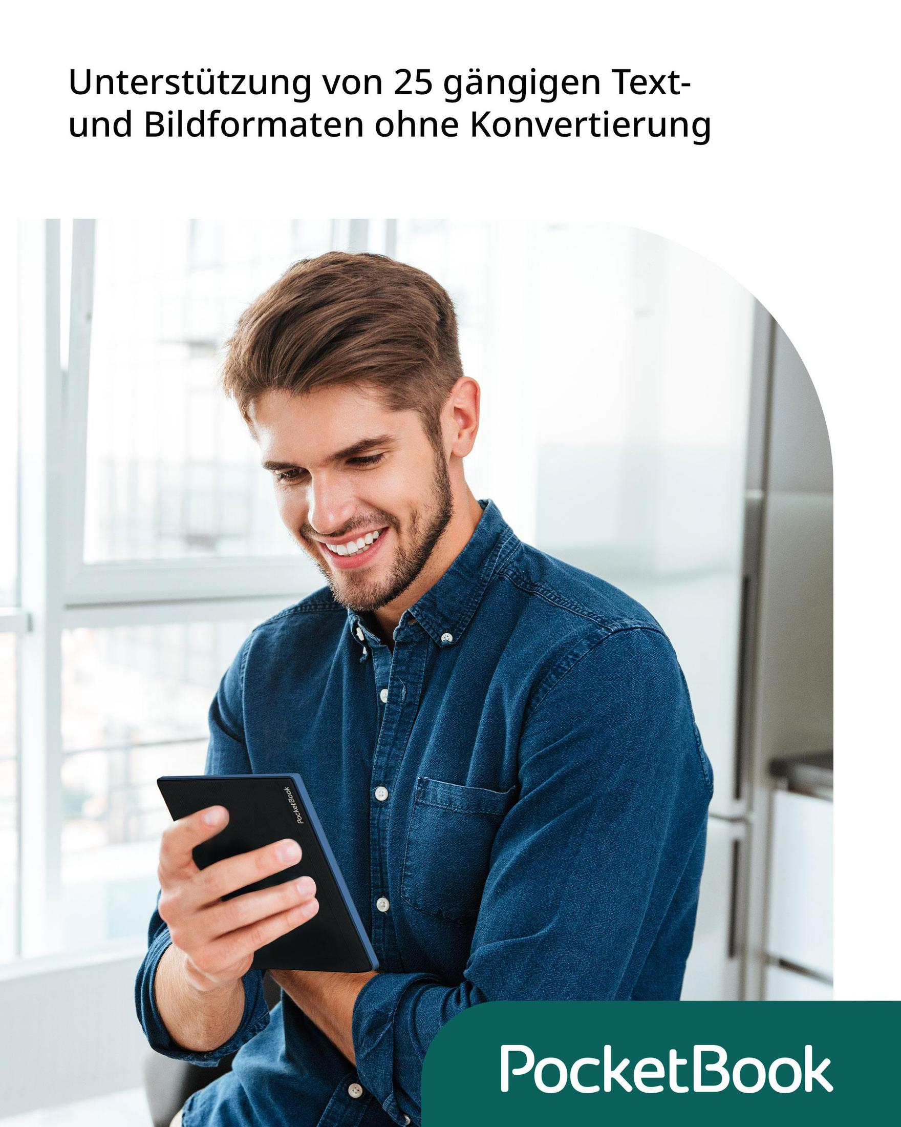 A man smiling while holding a PocketBook e-reader, with text above.