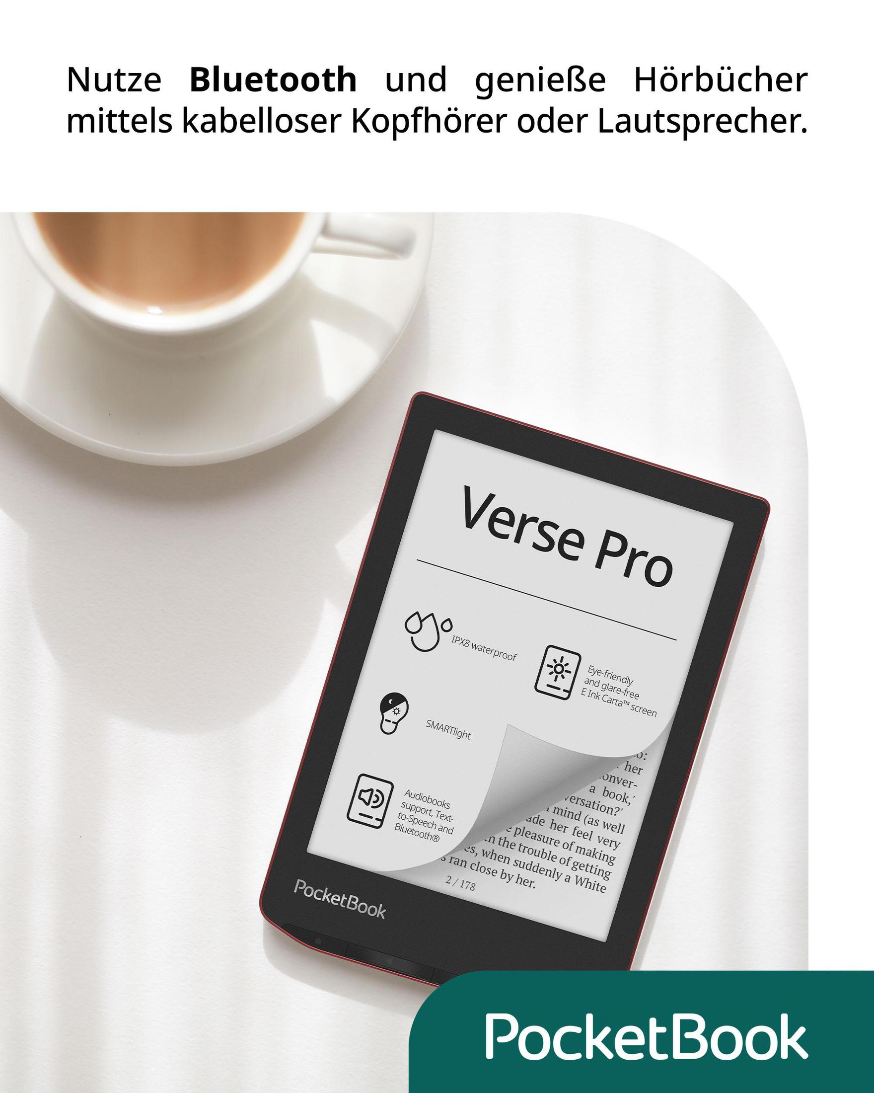 eReader on a table with a cup. Text in German advertises Bluetooth and e-books.